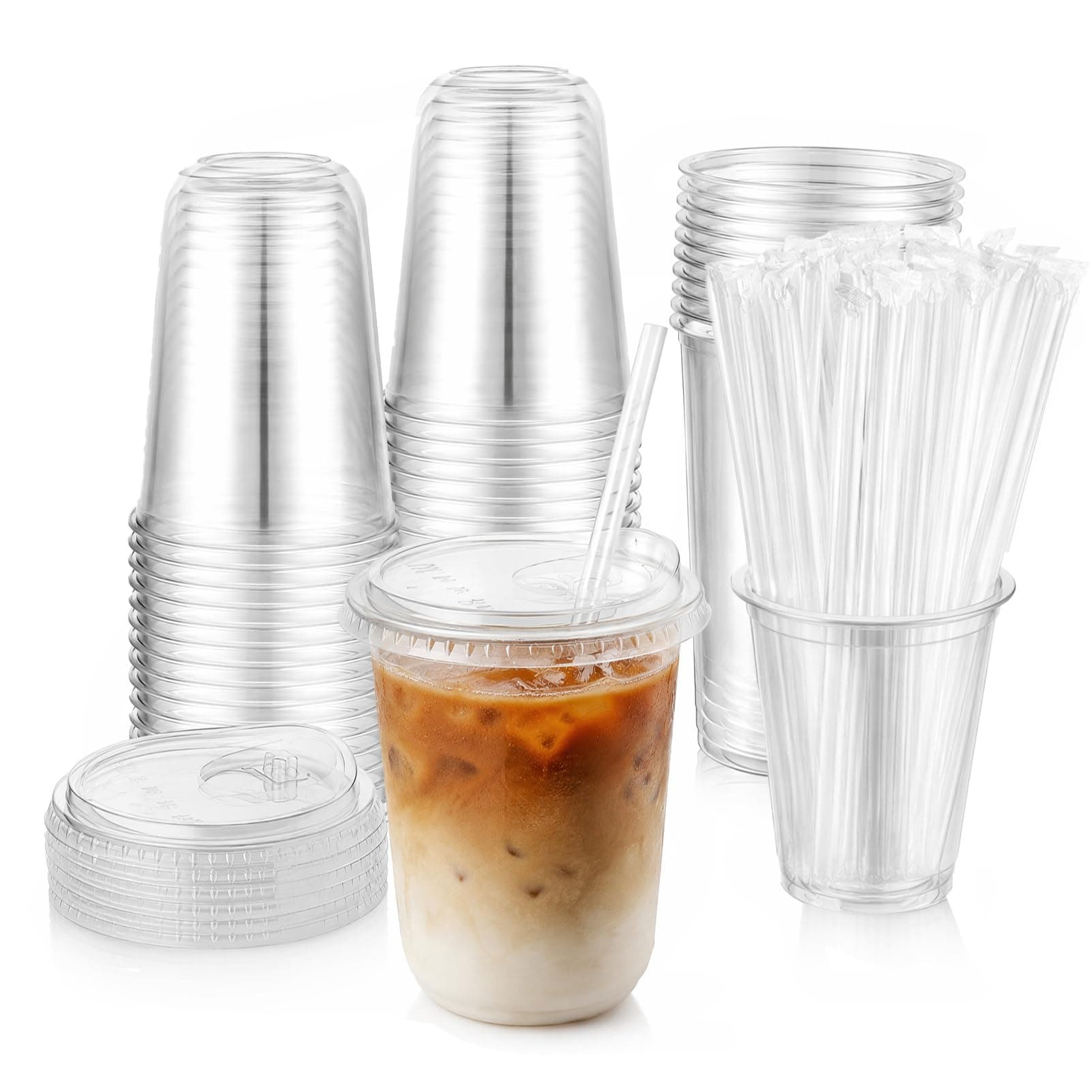 50 Pack 16oz Clear Plastic Cups with Sip Lids and Straws, Disposable Iced Coffee Cup with Strawless Lid, to Go Cups for Cold Drinks Slushie Lemonade Bubble Tea Party Picnic Camping