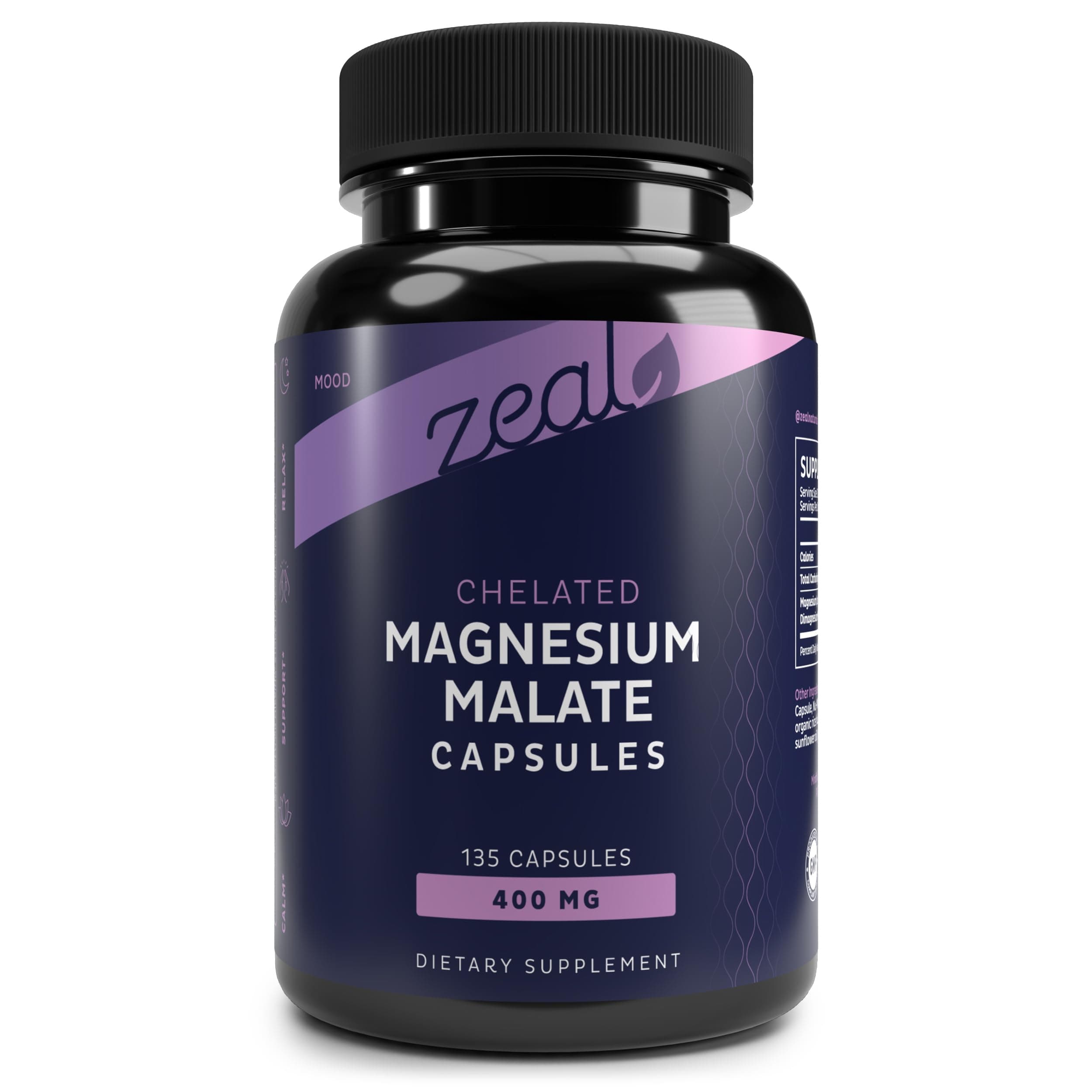 Zeal Naturals Magnesium Malate 400mg Capsules – with NU-MAG® – Supports Energy, Calm, Relaxation & Bone Health | Non-GMO, Third Party Tested | 135 Capsules