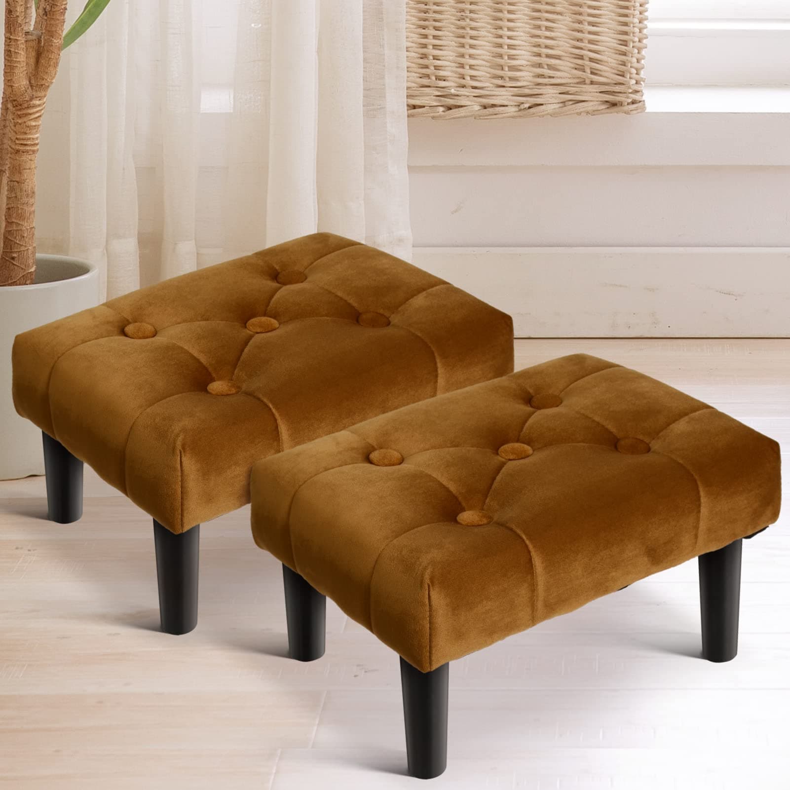 HOUCHICS Small Footstool Ottoman, Soft Velvet Fabric Step Stool with Wood Legs，Toddler Wooden Stool，Sofa Footrest Extra Seating for Living Room Entryway Office