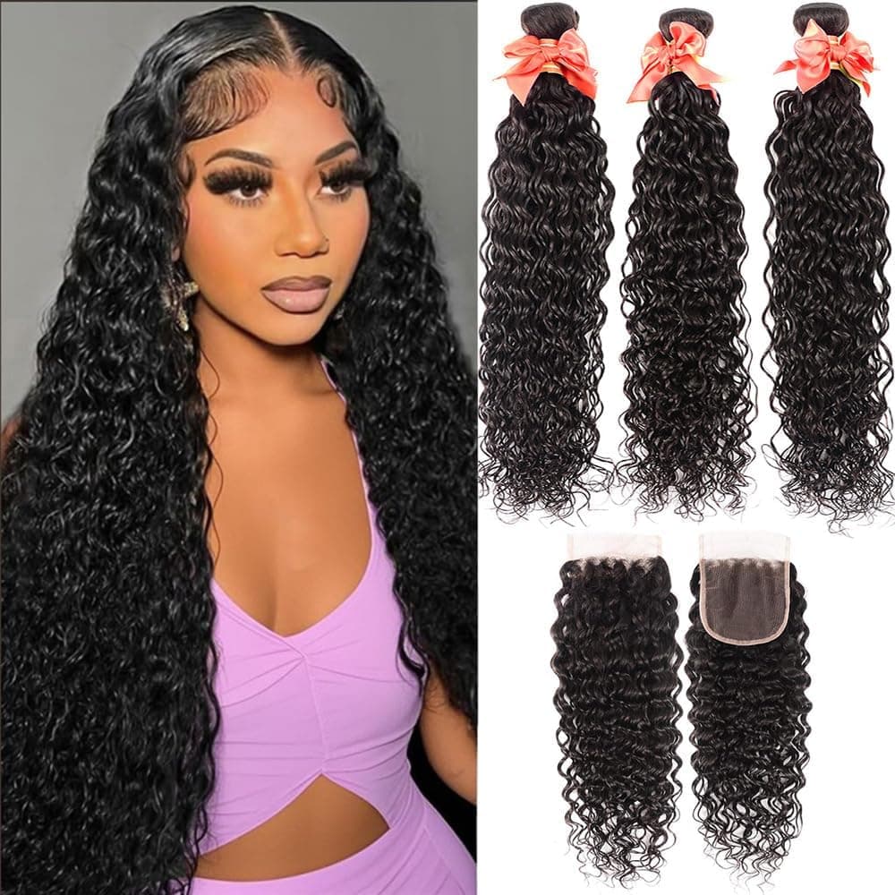 Brazilian Hair Water Wave 3 Bundles with Closure Wet and Wavy Human Hair Bundles Ocean Wave Human Hair Weave Extensions Human Hair Bundles Brazilian Water Curly Hair (16 18 20 +14)