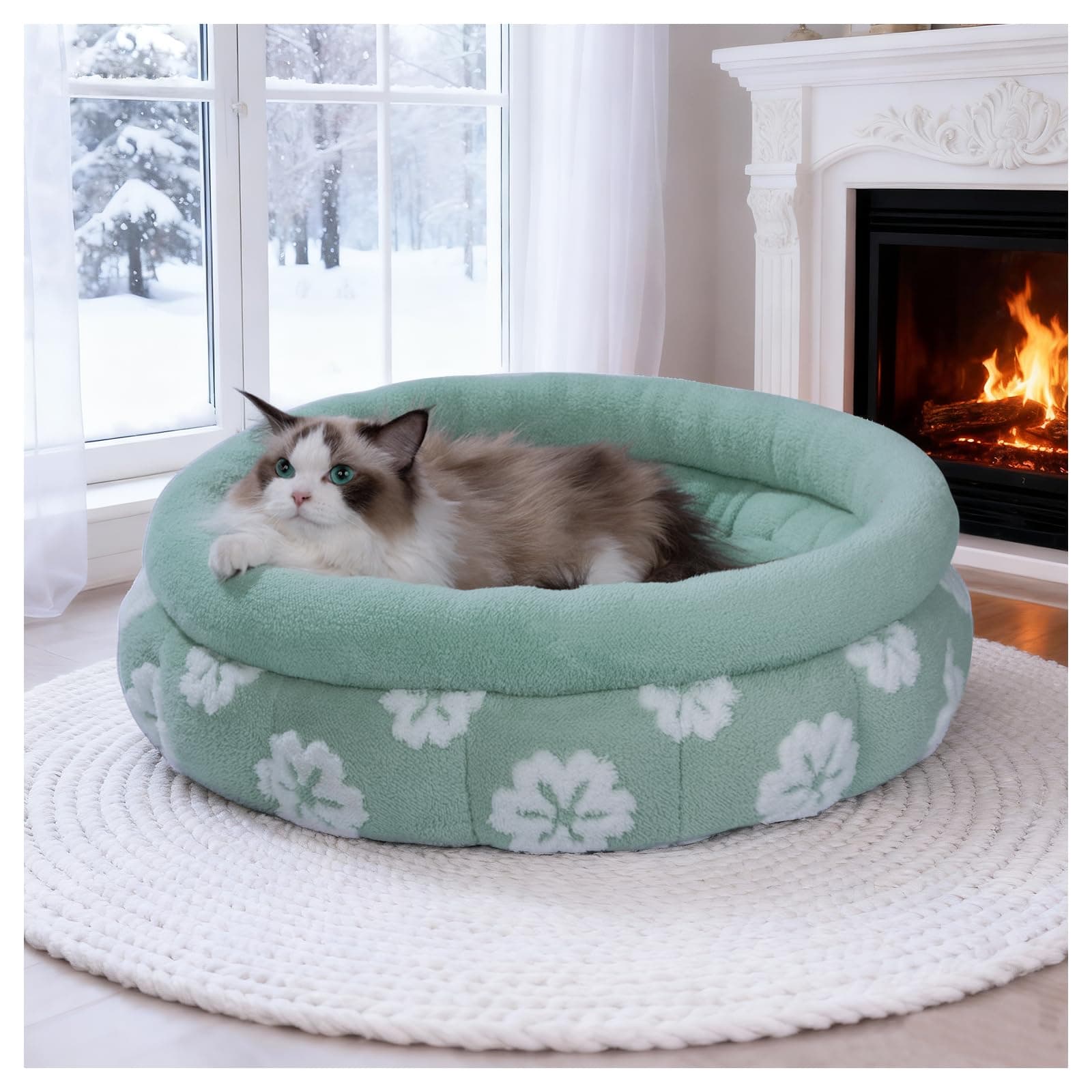 BALANCE Cat Beds for Indoor Cats, Washable Round Cat Bed, Cute 3D Flower Kitten Bed with Anti-Slip Bottom for Puppy and Kitten, 23 Inches, Green