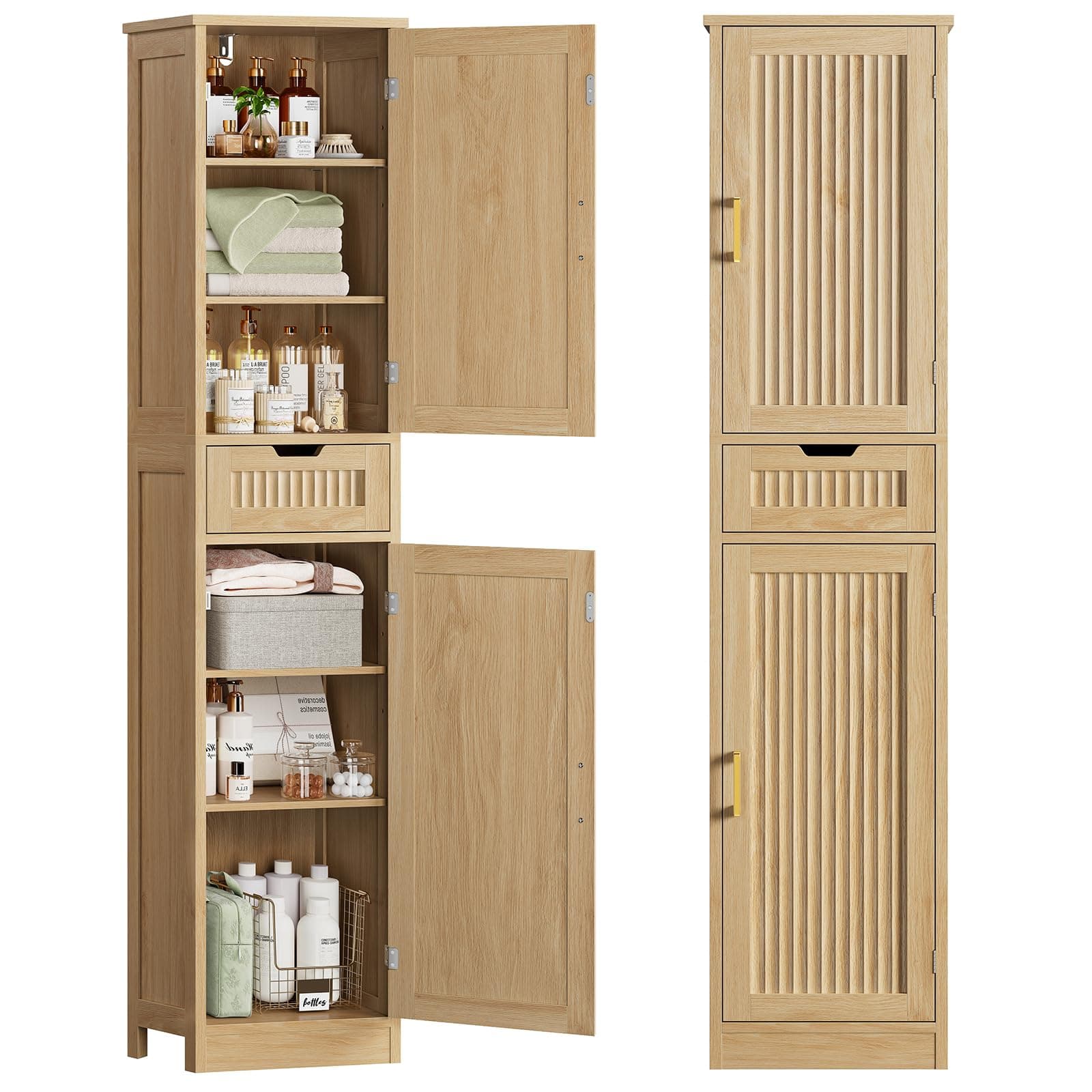 FIONESO 67" Bathroom Storage Cabinet with 1 Drawer & 6 Shelves, Tall Cabinet with Fluted Doors, Narrow Storage Cabinet for Kitchen, Living Room, Home Office, Natural