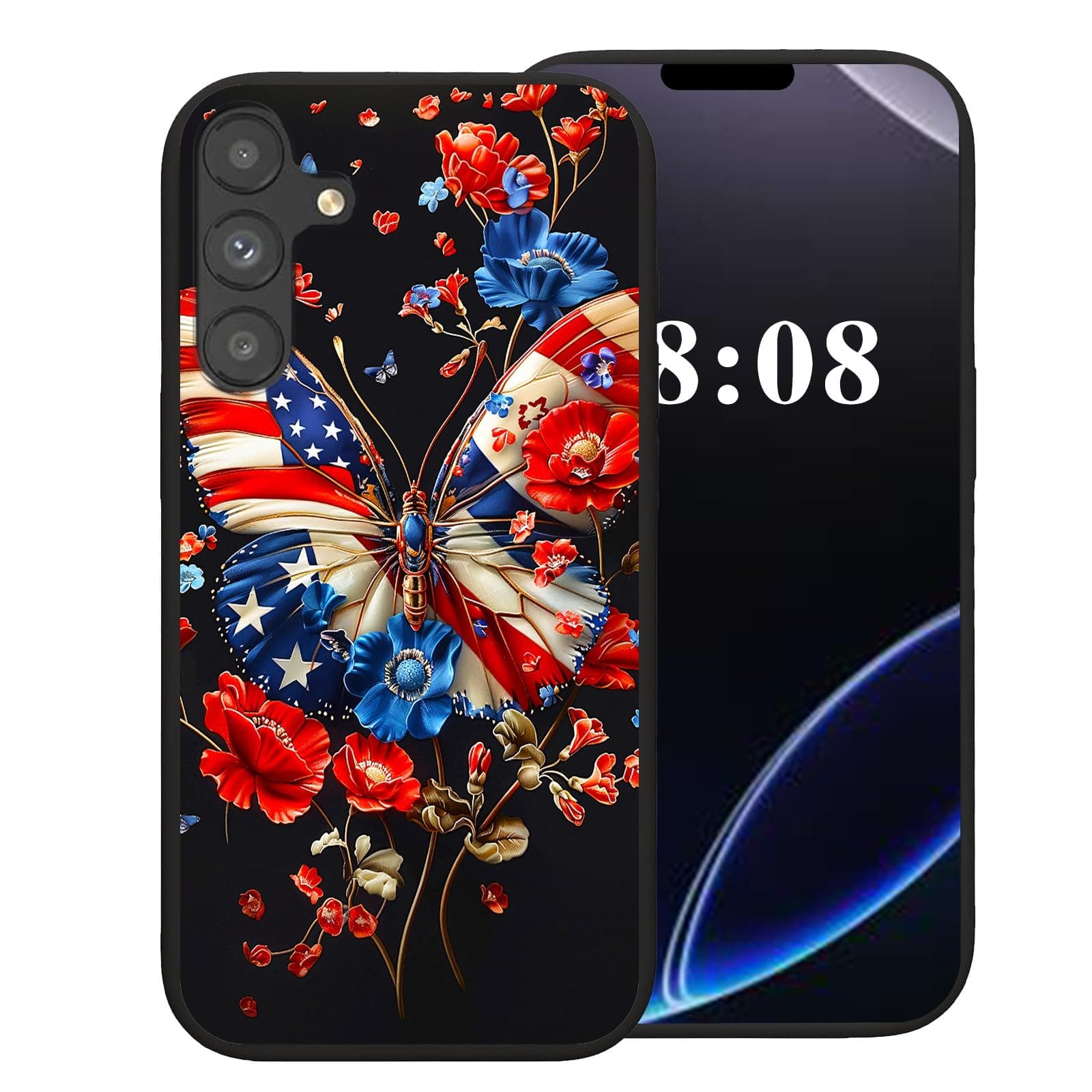NLZQTTBD for Samsung Galaxy S24 Plus Case,Black Soft TPU Silicone Shockproof Protection Cover Phone Case for Galaxy S24 Plus 2024 6.7 inch Cute Amusing Pattern | American Flag Butterfly