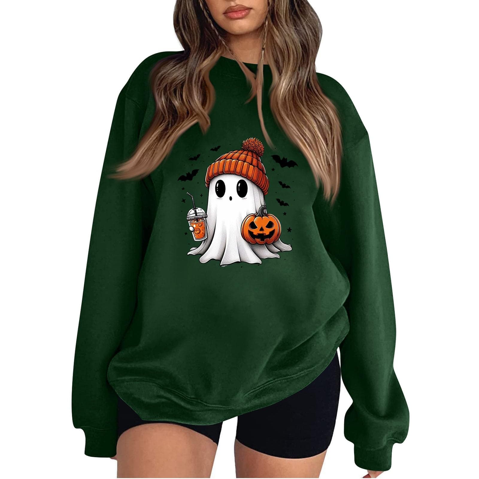 Halloween Oversized Sweatshirts for Women Ghost Crewneck Sweatshirt Drop Shoulder Preppy Cute Hoodies Y2k Fall Fleece Pullover 2025 College Pumpkin Trendy Comfy Long Sleeve Shirts, Green, Small