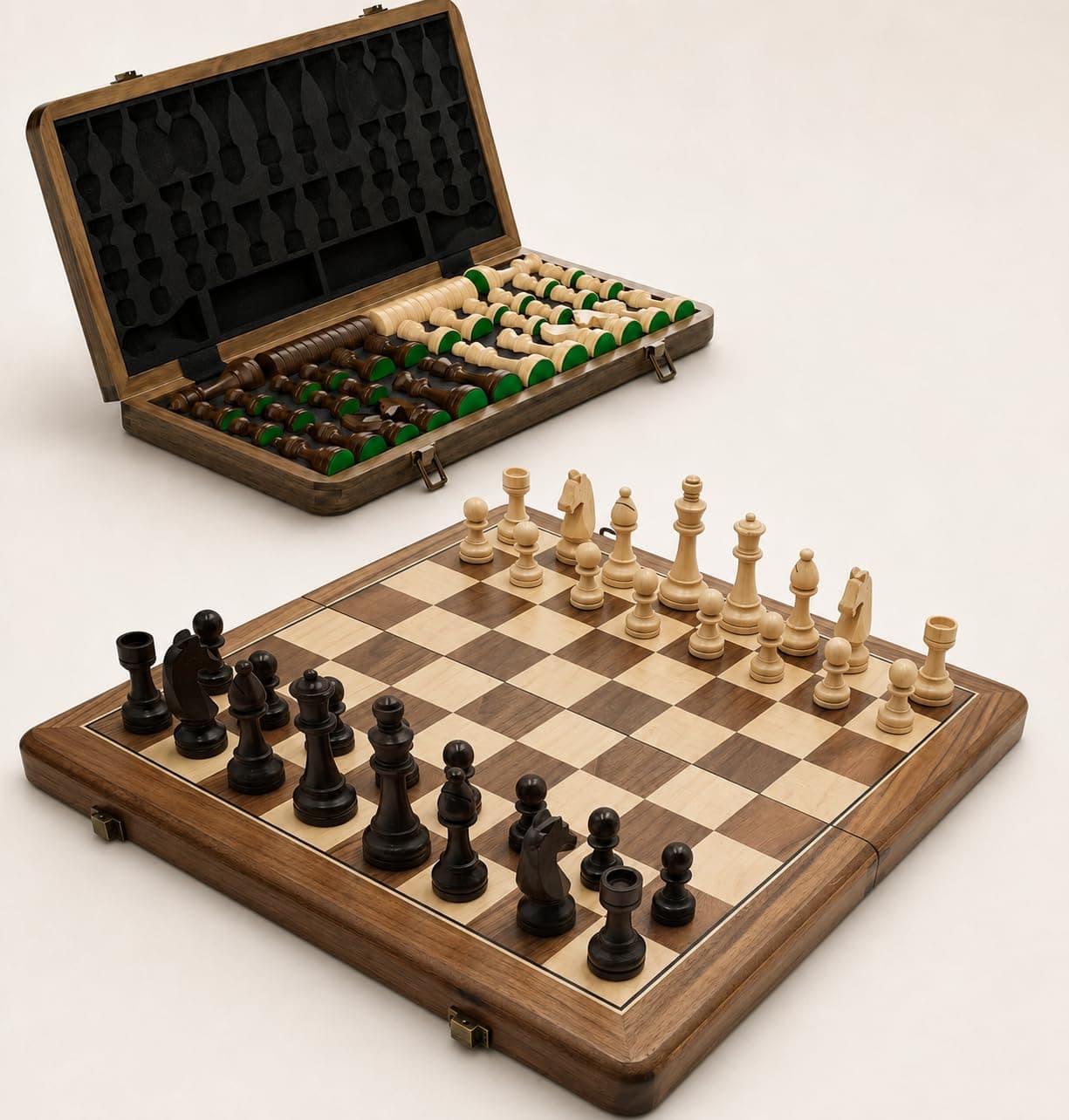 15" Wooden Folding Chess & Checkers Set - 2 in 1 Board Game with 3" King Staunton Pieces and 2 Extra Queens (Vintage)