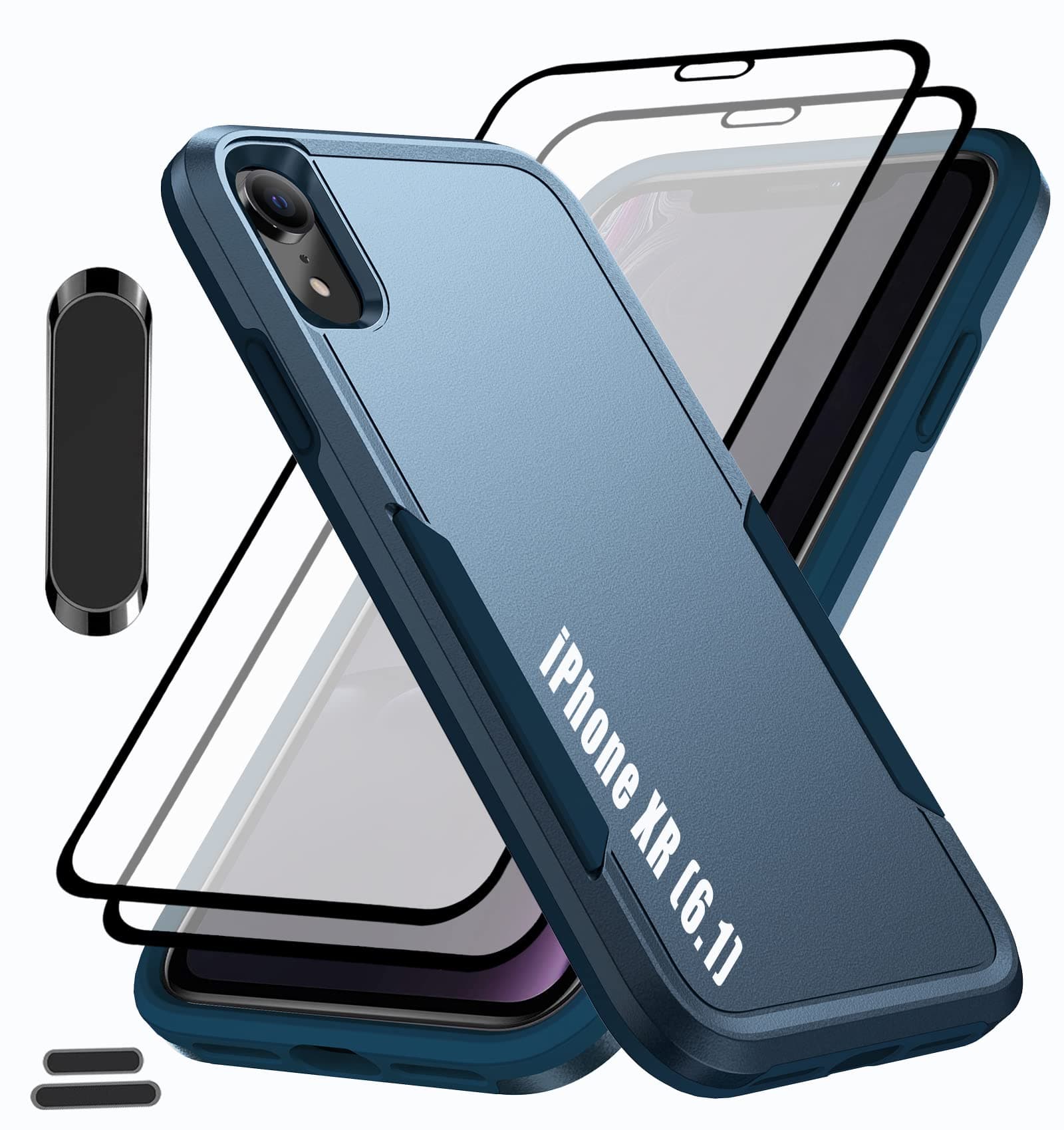 LMDAMZ for iPhone Xr/10R 6.1 Inch Double Layer Hybrid Military Grade Rugged Shock Resistant Drop Case with 1 PCS Magnetic Car Mount and 2 PCS HD Tempered Glass Screen Protector (Blue)