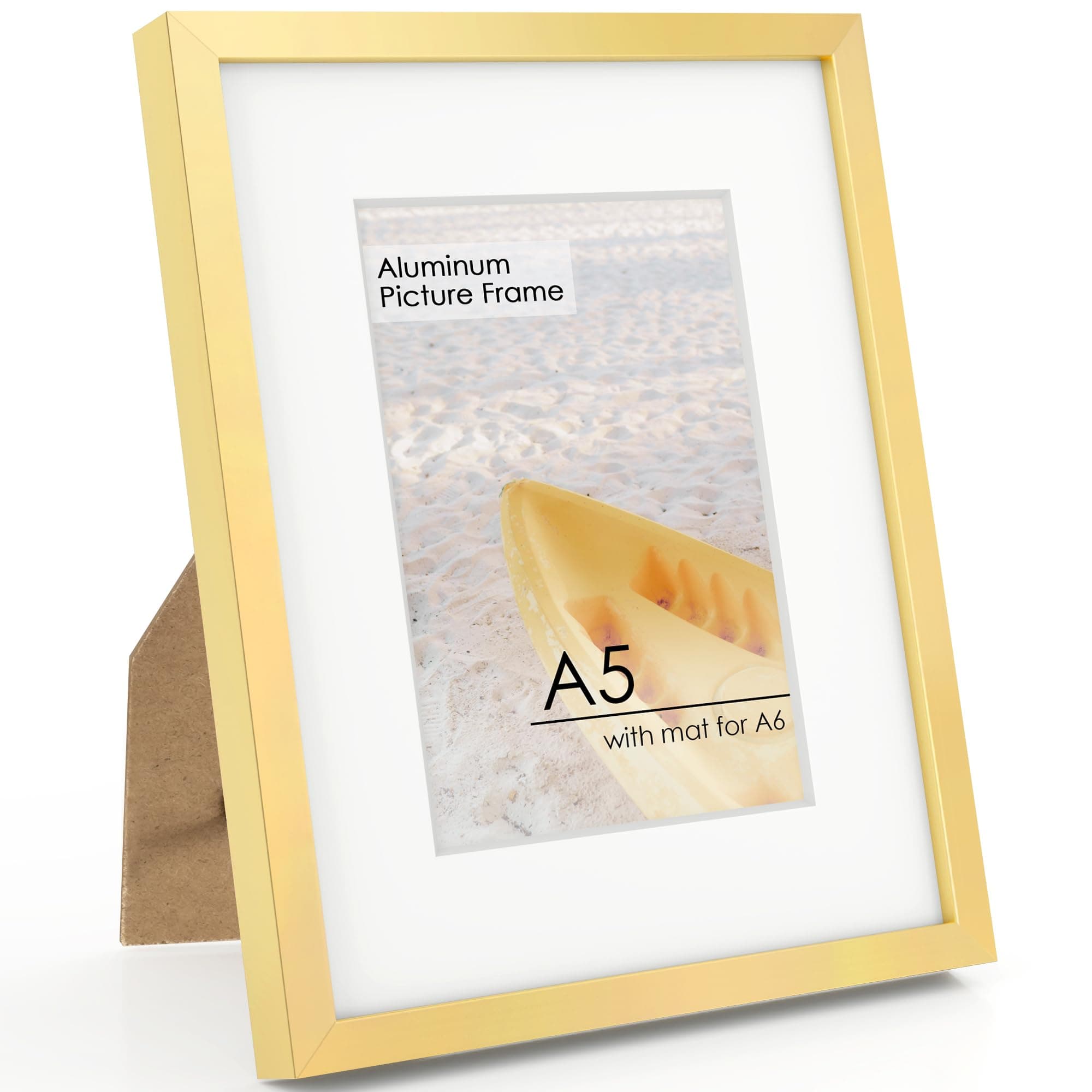FLYJOE A5 Picture Frame Gold - High-End Metal Frame for Wall, Photo Frame with Mat A6, Poster Frame 5.8x8.3, Aluminum Frame and Real Glass, Diploma, Certificates, Decor, Wall Kit, Gold