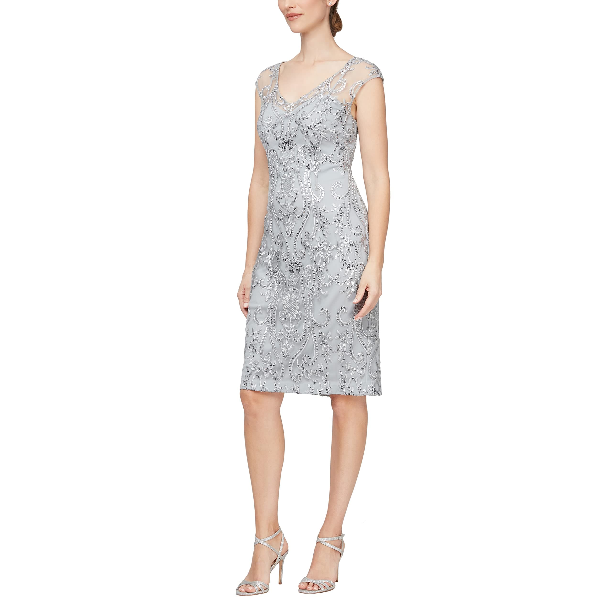 Alex Evenings Women's Short Shift Knee Length V Neck Dress (Petite & Regular), Pale Silver, 18