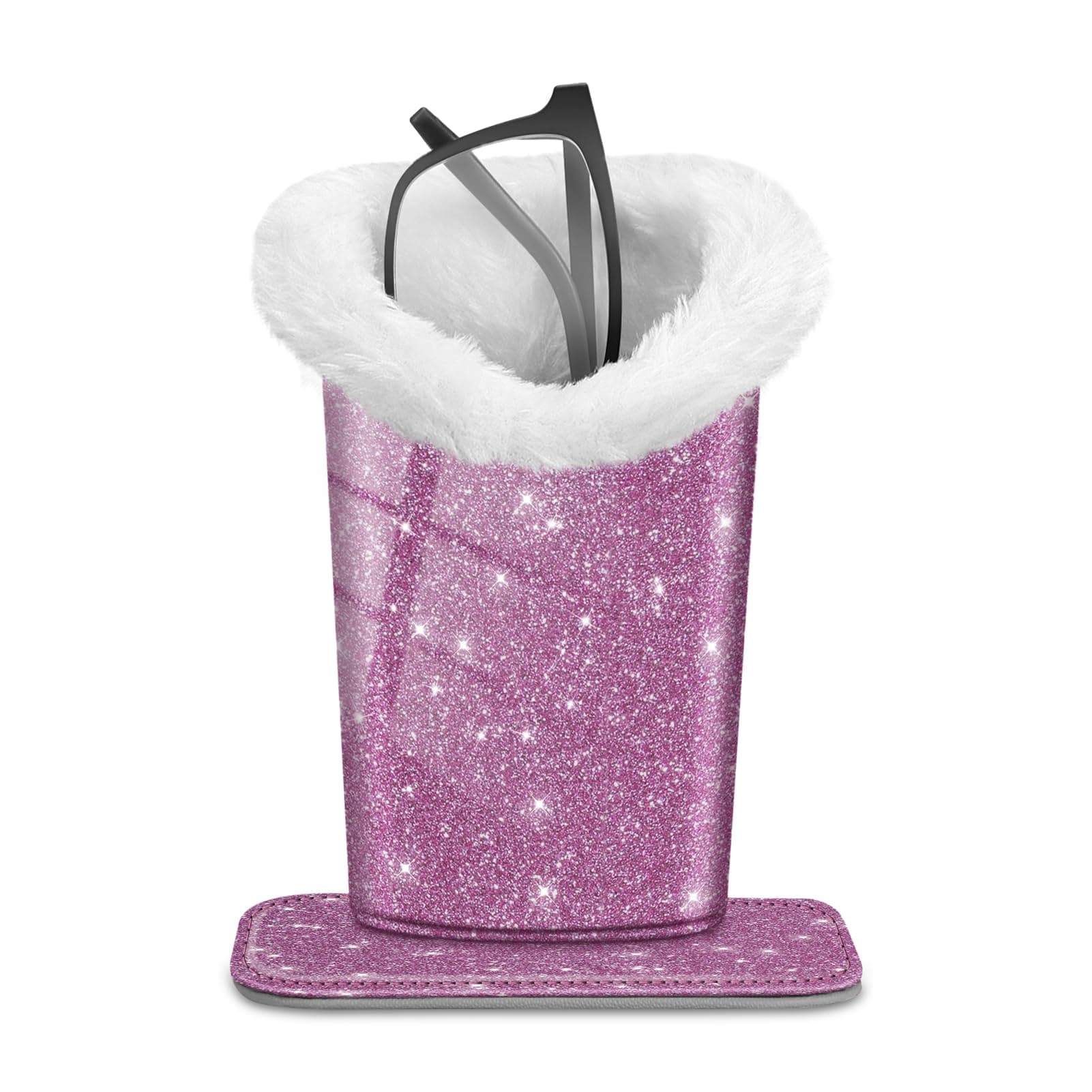 FINTIE Plush Lined Eyeglasses Holder with Magnetic Base- Premium Vegan Leather Glasses Stand Case, Glittering Purple, S