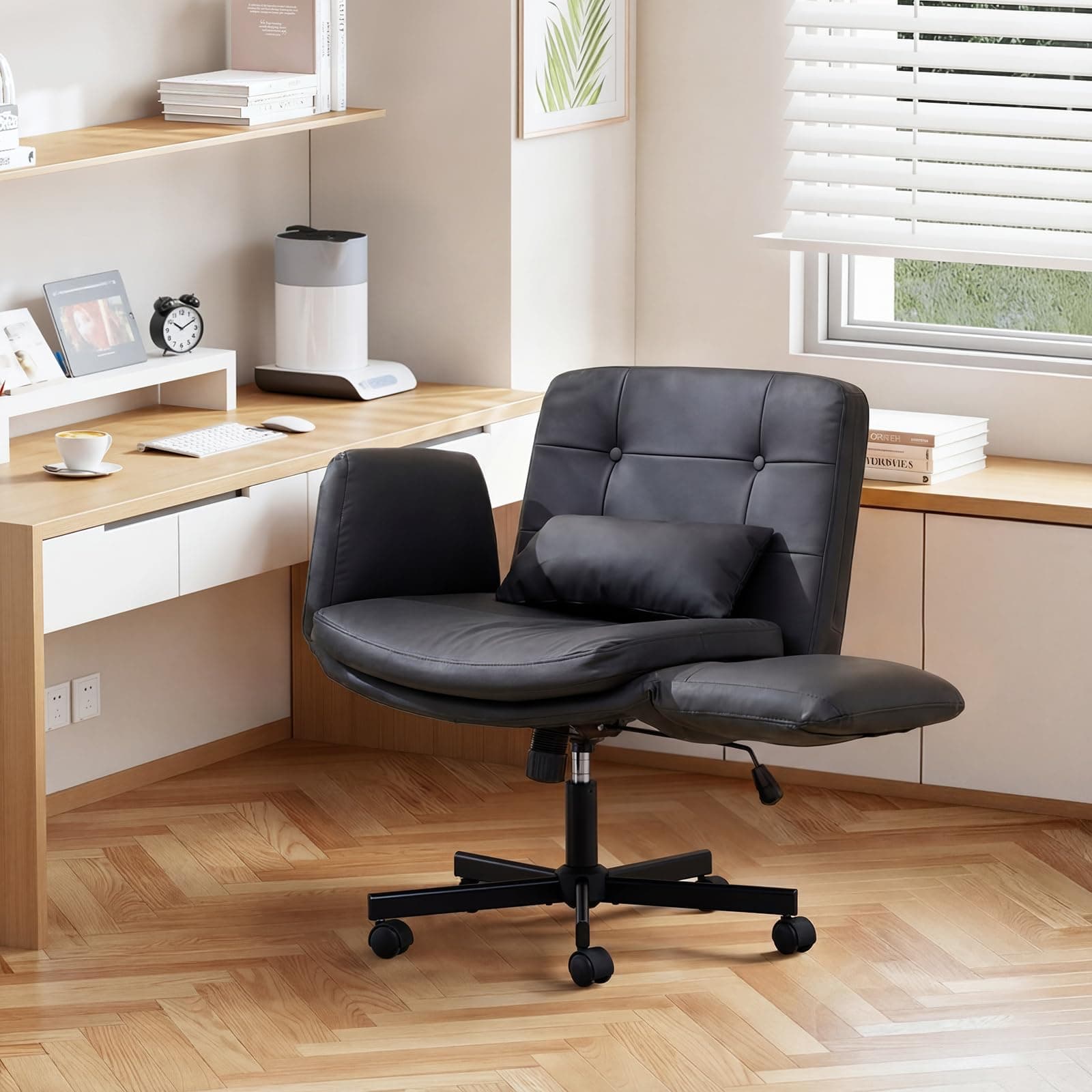 TUNYI Criss Cross Chair with Flip-Up Armrests Wide Cross Legged Office Chair Swivel Height Adjustable Computer Task Vanity Chair with Pillow/Wheels for Home Office, Dressing Room (Black)