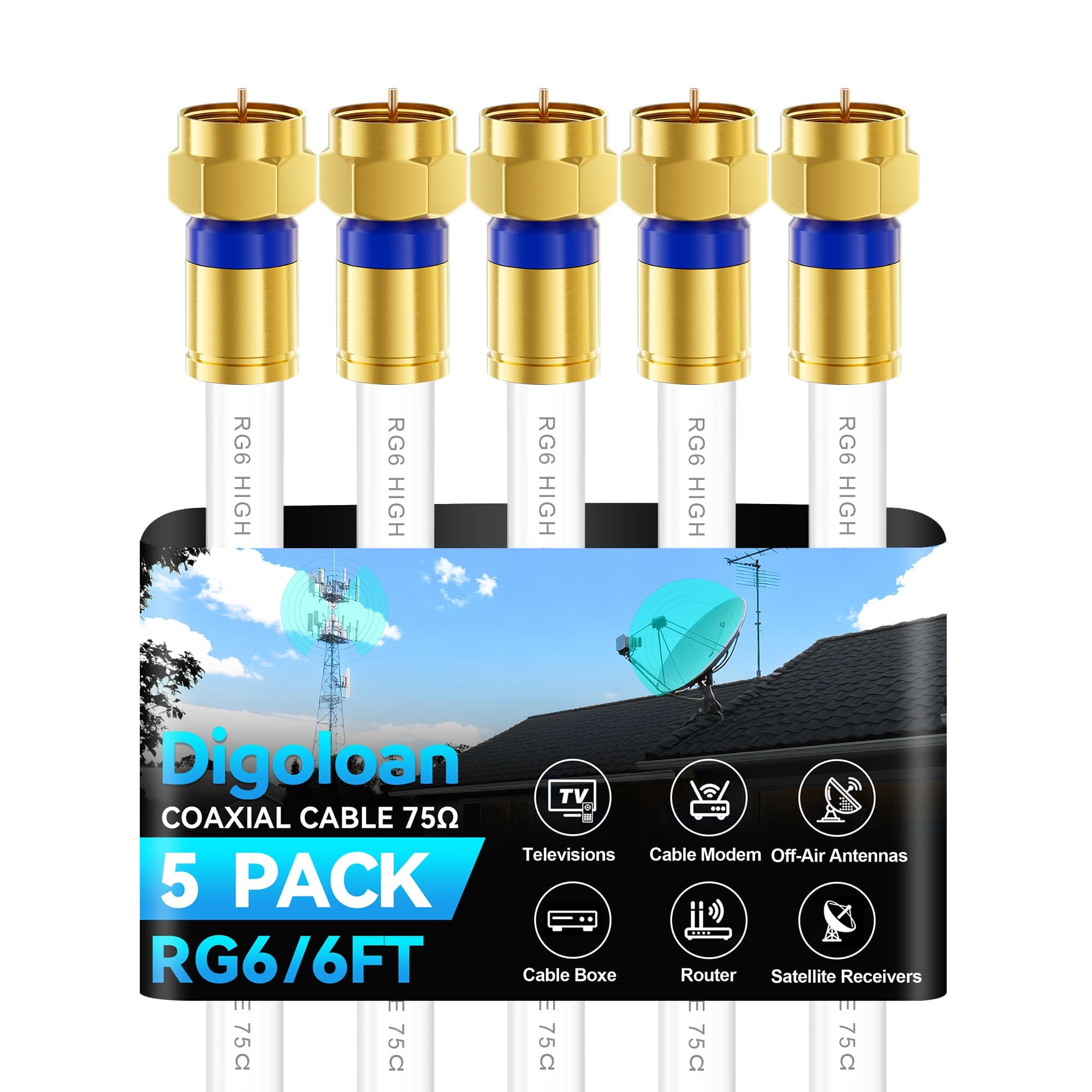 Coaxial Cable 3ft/6ft/10ft/15ft/25ft/50ft/60ft/75ft/100ft, RG6 Coax Cable
