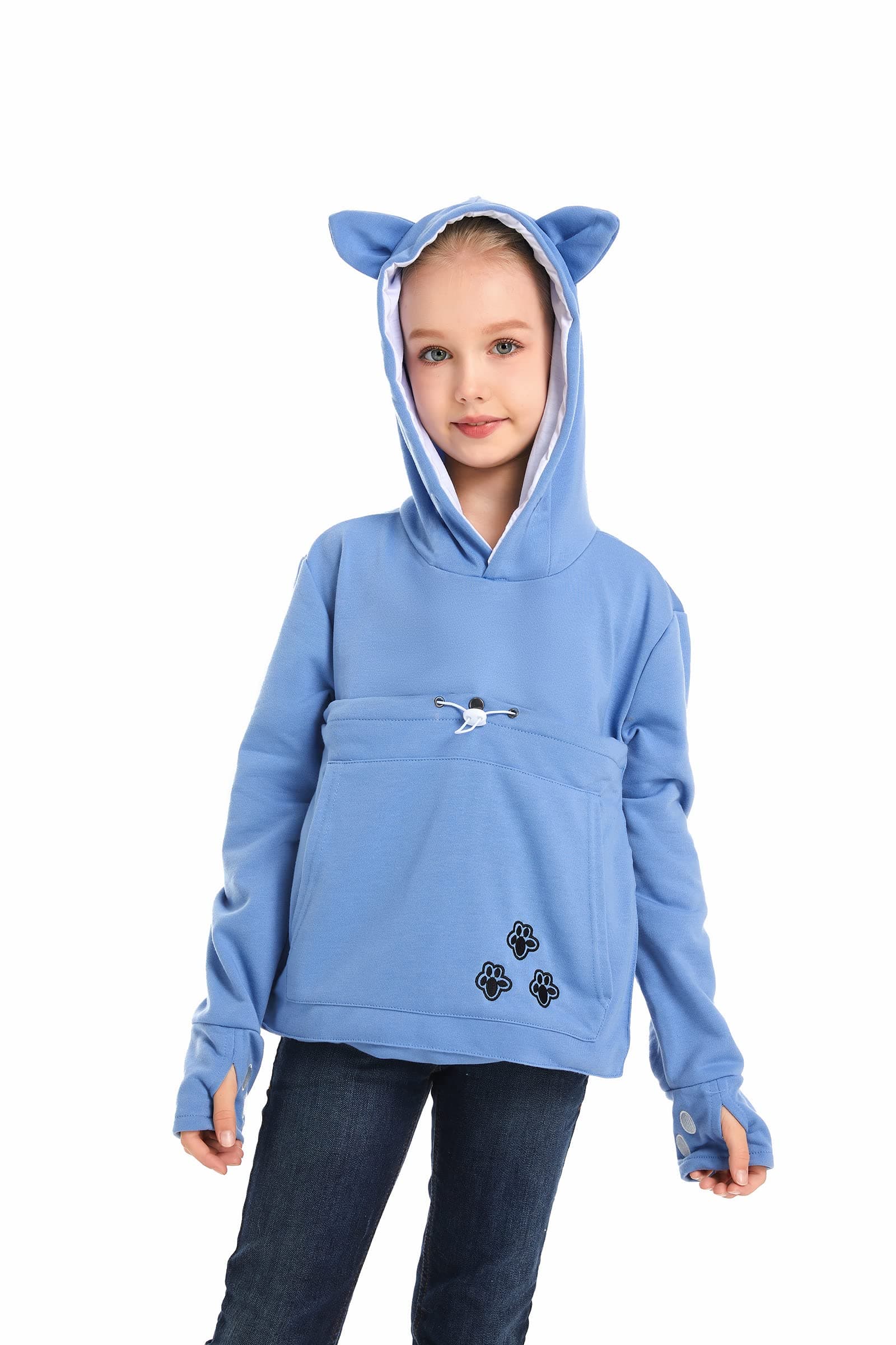 LINYUCHEN Boys Girls Cat Pouch Hoodie - Kitten Puppy Carrier Holder Sweatshirt Long Sleeve Cat Ear Pullover Tops, Blue, 10-11 Years