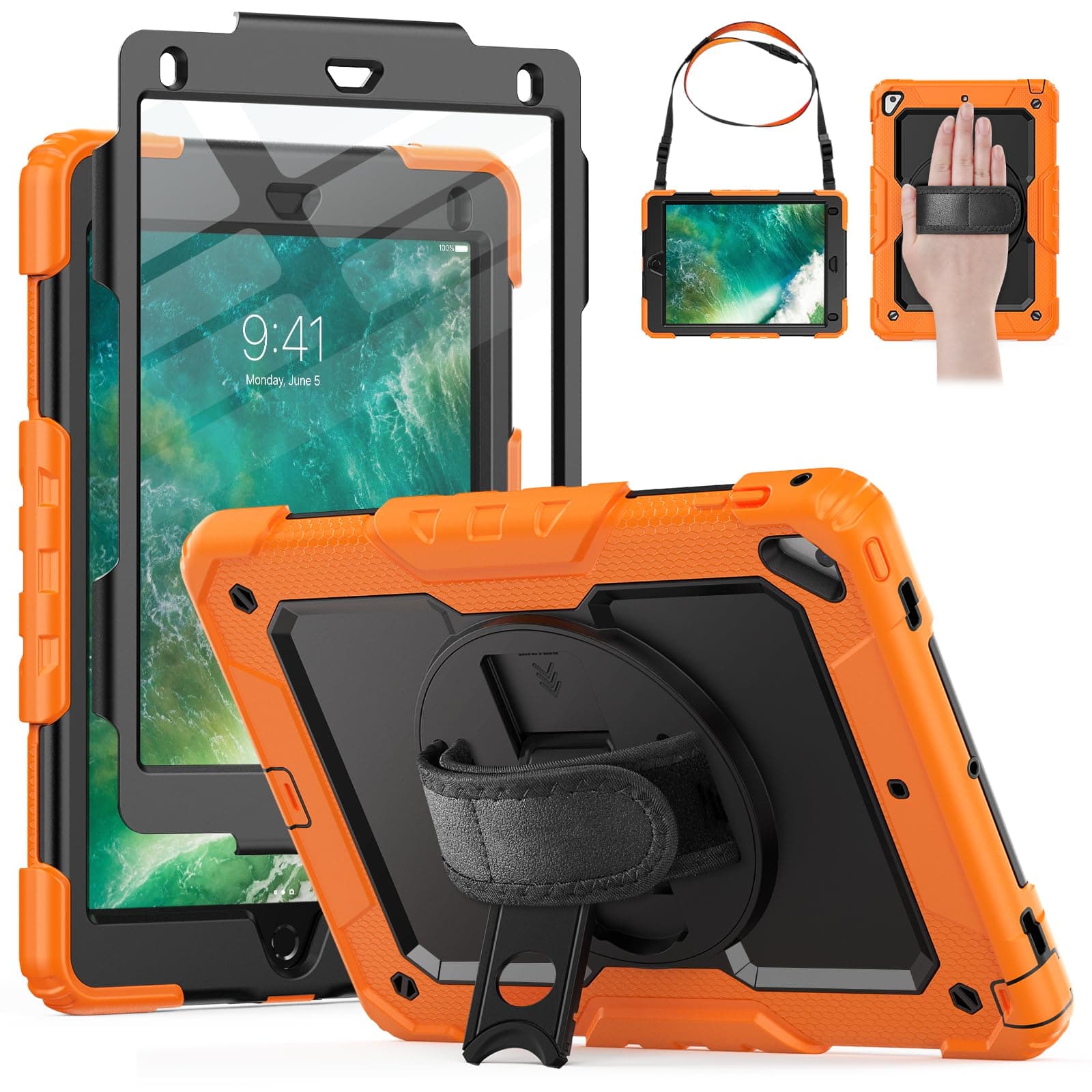 HXCASEAC Rugged Case for iPad Pro 9.7, iPad Air 2, 9.7 inch, Full Body Protective Design with Pencil Holder, Built-in Screen Protector, Rotating Stand, Hand Strap, for iPad Air 2 Hard Case (Orange)
