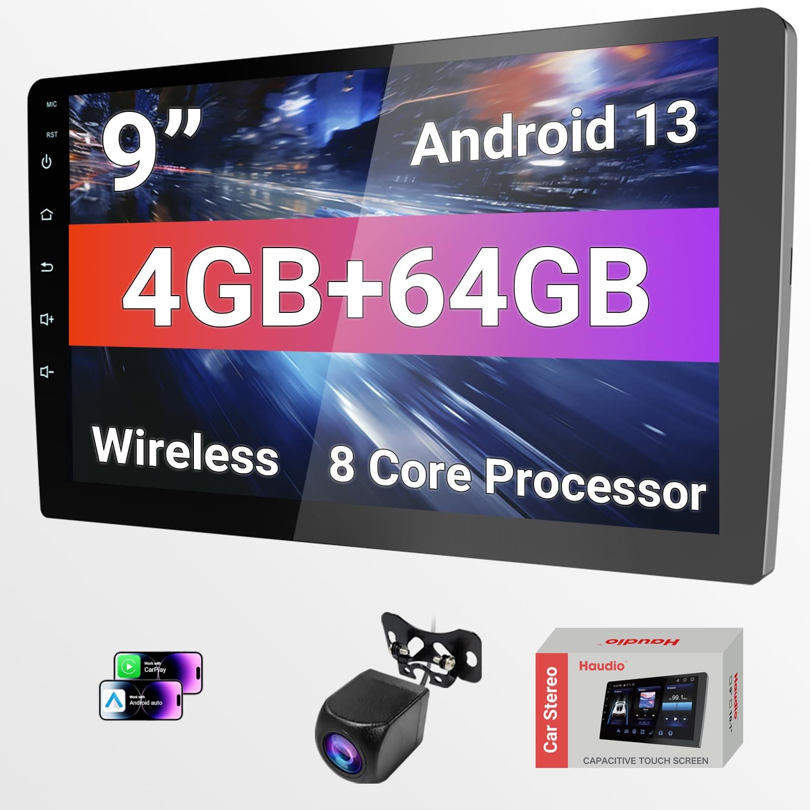 9-inch 720P HD Touchscreen Android 13 Car Stereo with & 14-Band DSP - Bluetooth 5.0, Wireless CarPlay, Dual USB, GPS, DVR | Compatible with 99% Cars 2010-2023