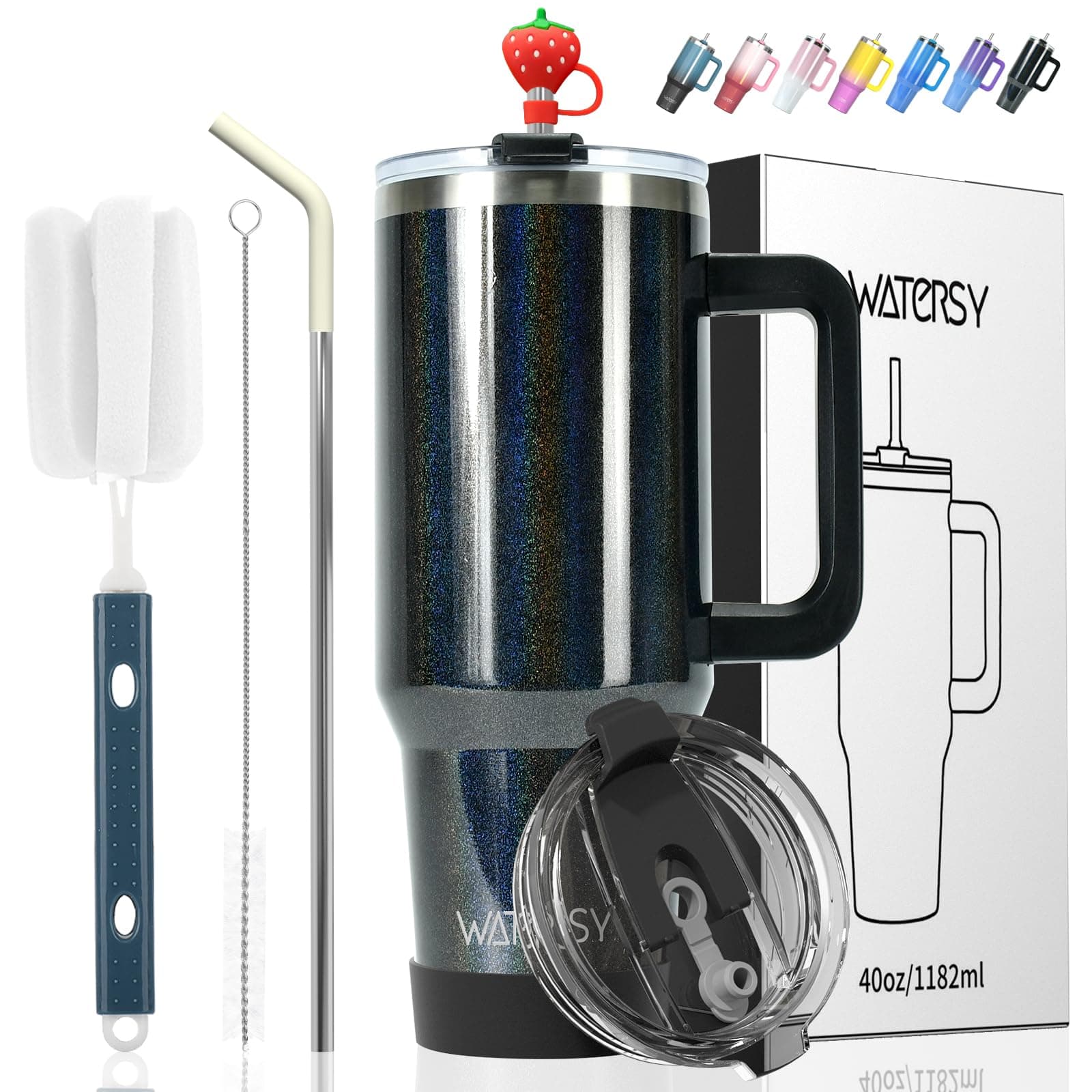 WATERSY 30 oz Shiny Tumbler with Handle,Tumbler with Lid and Straw,Double Wall Insulated Cup Stainless Steel Travel Mug(Cold for 34 Hours),Water Bottle for Iced Tea,Coffee,Cold Beverages(Black)