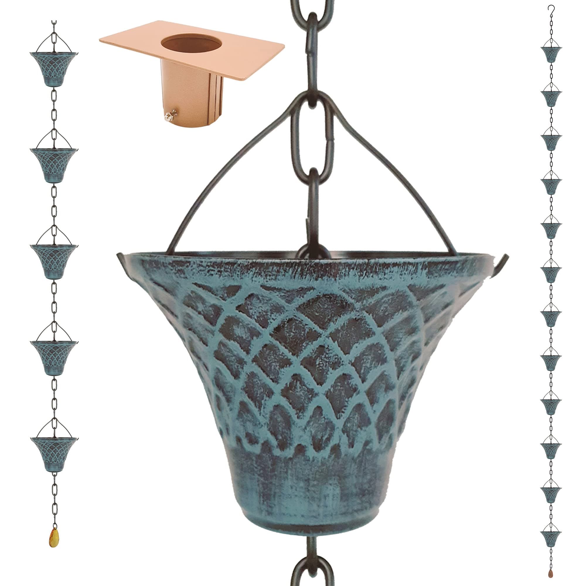 Chaînes de pluie Bell 8,5 pieds bleu ciel antique, Bell 8.5FT Antique Sky Blue Rain Chains for Drain Gutter Through Downspouts and Rain Barrel with Rain Chain Gutter Adapter - Outdoor Rust-Resistant Plated Iron Trendy and Thick Black Garden Décor