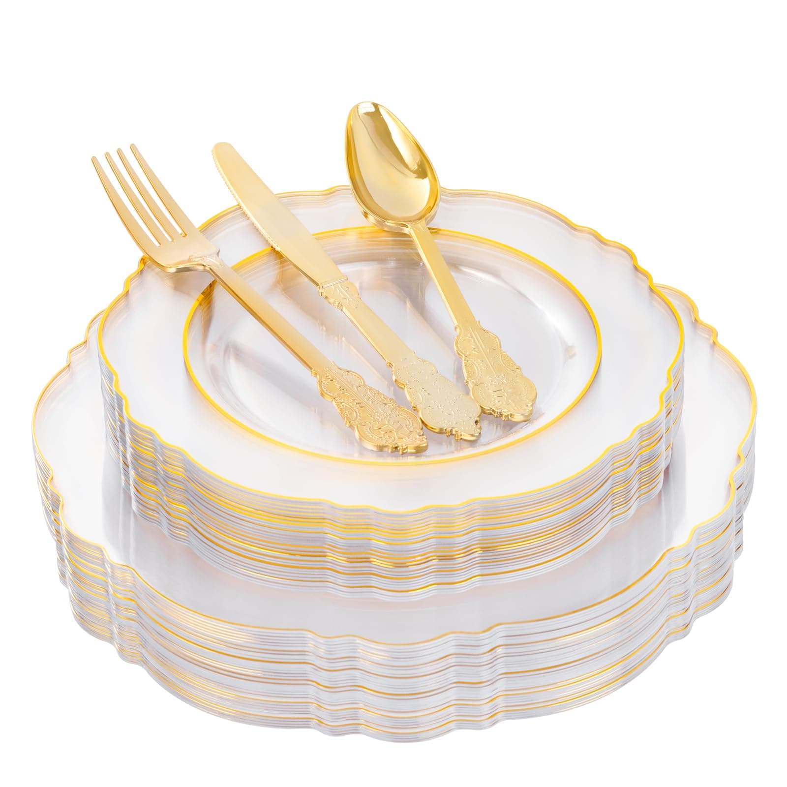 YOUBET 125Pieces Clear Gold Plastic Plates-Gold Plastic Silverware-Include 25 Dinner Plates 25 Dessert Plates 25 Forks 25 Knives 25 Spoons-Perfect For Wedding/Parties