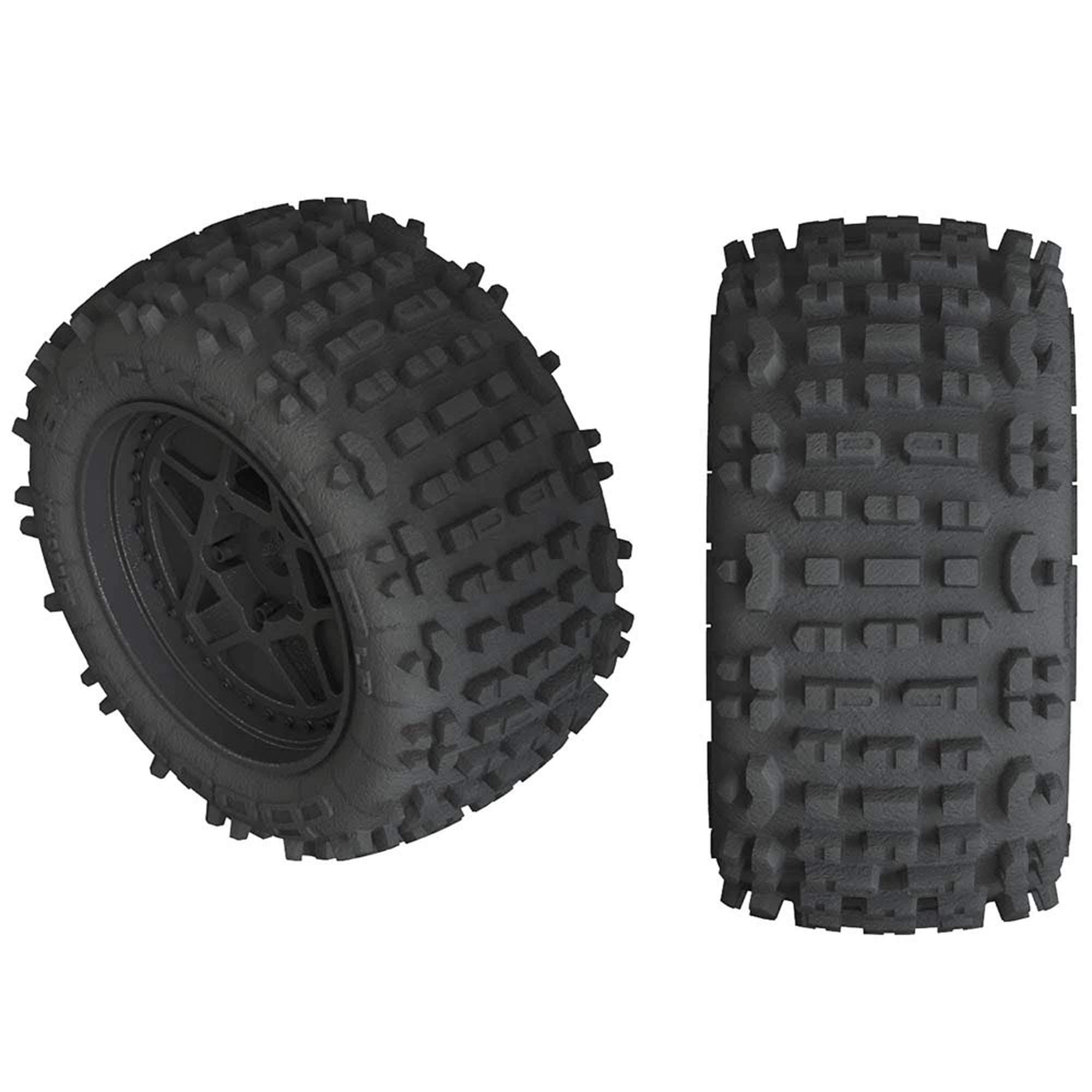 ARRMA 1/10 dBoots Backflip LP Front/Rear 3.8 Pre-Mounted Tires, 17mm Hex, Black (2): 4S, ARAC9468
