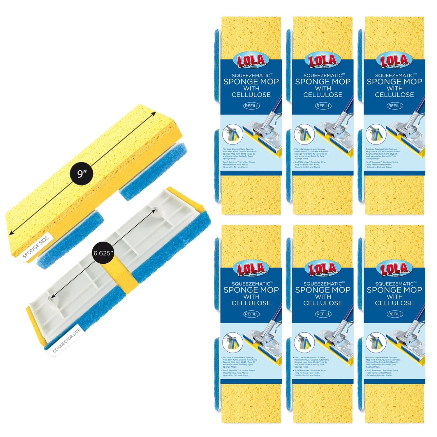 LOLA Cellulose SqueezeMatic Butterfly Sponge Mop Refill, 9", 6 Pack, Refill Head, Floor Cleaning, Compatible w/Quickie Type S Sponge Mop