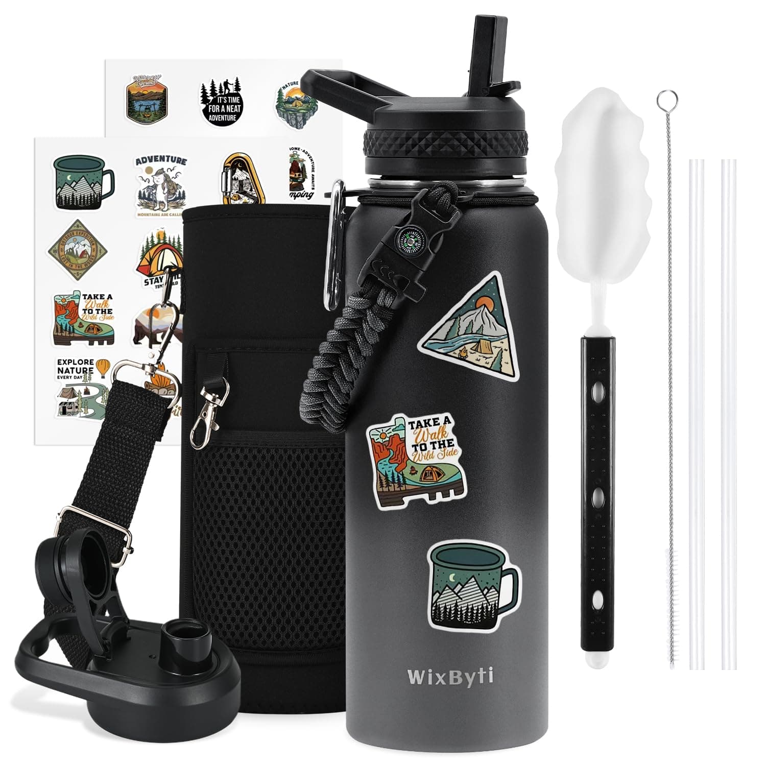 WixByti 40 oz Insulated Water Bottle with Straw (Cold for 36 Hrs), Stainless Steel Triple Wall Vacuum Sports Water Jug, Leakproof Hydro Cup Flask with Paracord Handle & Straw Spout Lids & DIY Stickers
