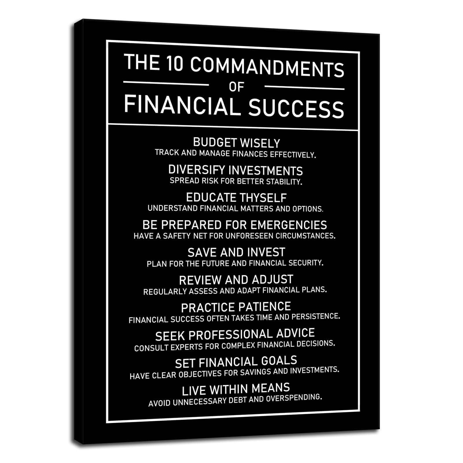 Financial Management Quote Inspirational Canvas Wall Art Motivational The 10 Commandments Of Financial Success Poster Painting Prints for Living Room Office Home Decor Framed Artwork [30''W x 40''H]