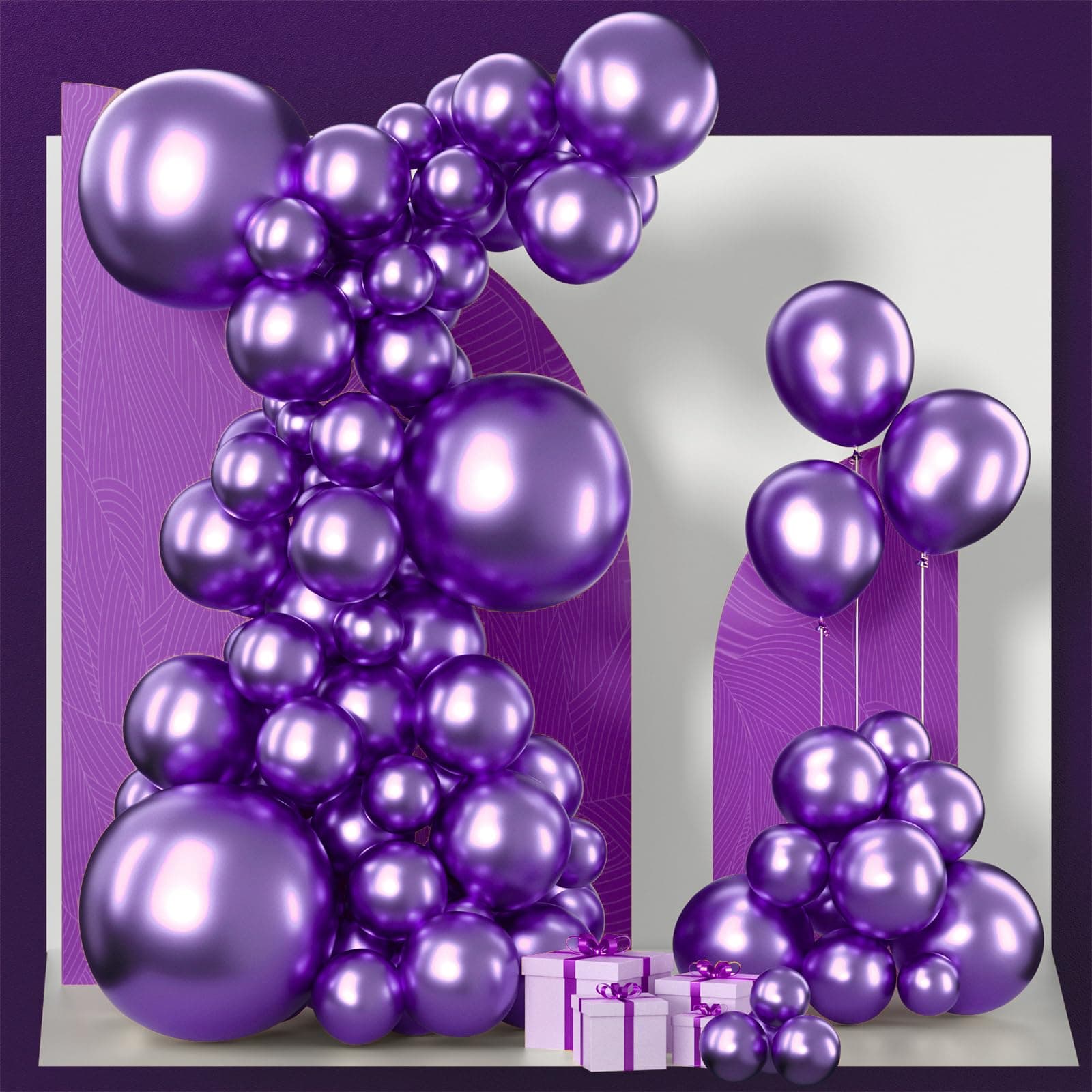 PartyWoo Purple Balloons, 100 pcs Metallic Purple Balloon Garland Kit of 18 12 10 5 inch Balloons and 20m Ribbons for Birthday and Mermaid Party Decorations