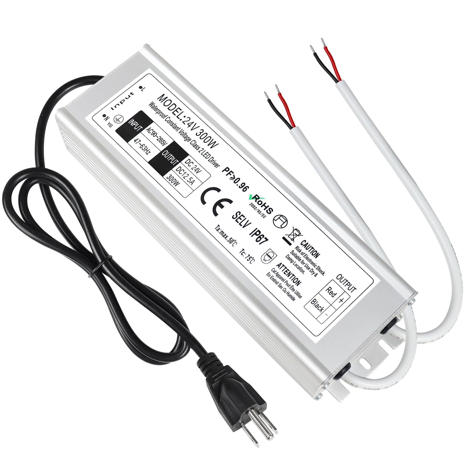 LightingWill 24V 300W Waterproof IP67 LED Power Supply Driver Transformer, AC 100-240V to DC 24V Output, 3-Prong Plug with 3.3FT Cable for LED Strip Lights, Landscape Lights
