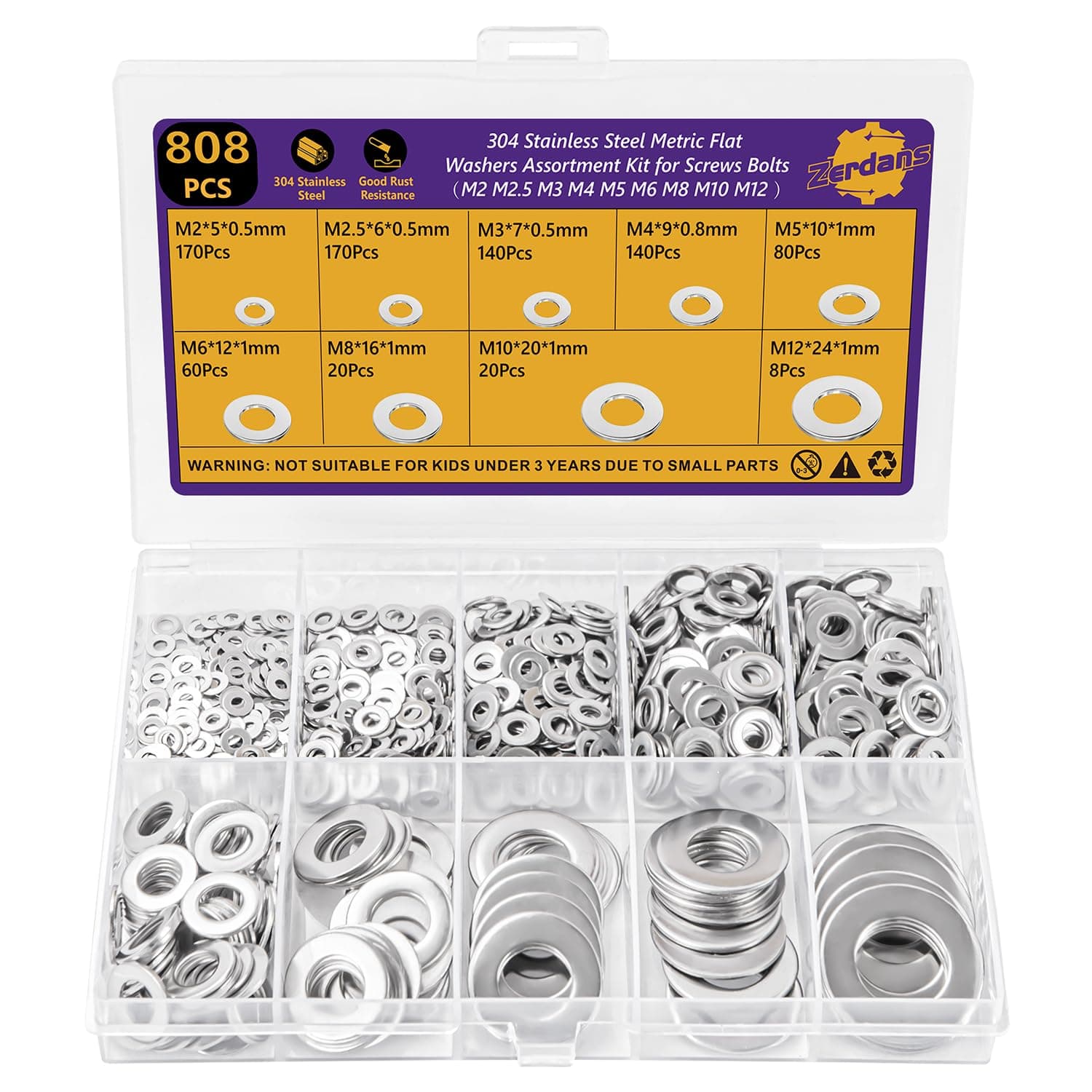 Zerdans 808PCS 304 Stainless Steel Flat Washers Assortment Kit, Metric M2 M2.5 M3 M4 M5 M6 M8 M10 M12 Round Washers for Screws & Bolts, Corrosion Resistant Hardware for DIY, Automotive & Household
