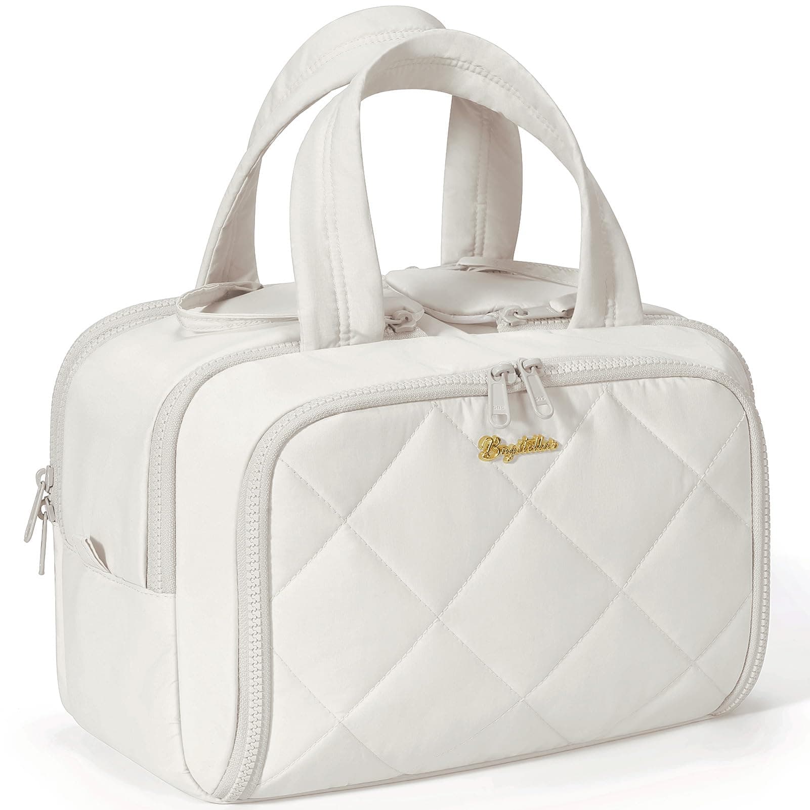 Bagstellar Travel Toiletry Bag, Large Wide-open Puffy Makeup Bag for Women, Cloud Dancer, 11"L x 6"W x 8"H, Elegant Quilted