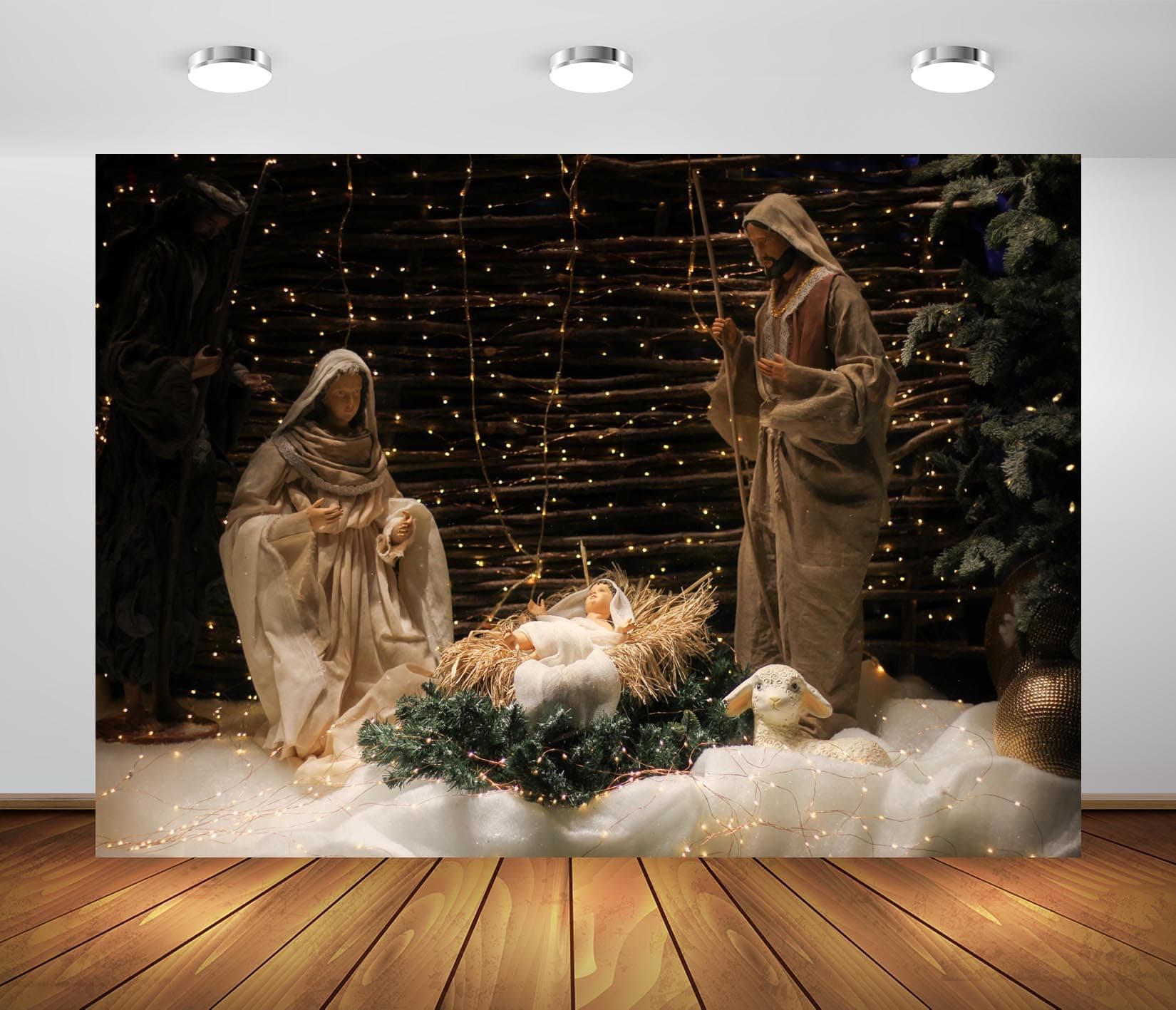 BELECO 8x6ft Fabric Christmas Nativity Scene Backdrop Baby Jesus Mary and Joseph Figurine Manger Scene Background Birth of Jesus Family Church Party Wall Decor Xmas Nativity Supplies Photo Props