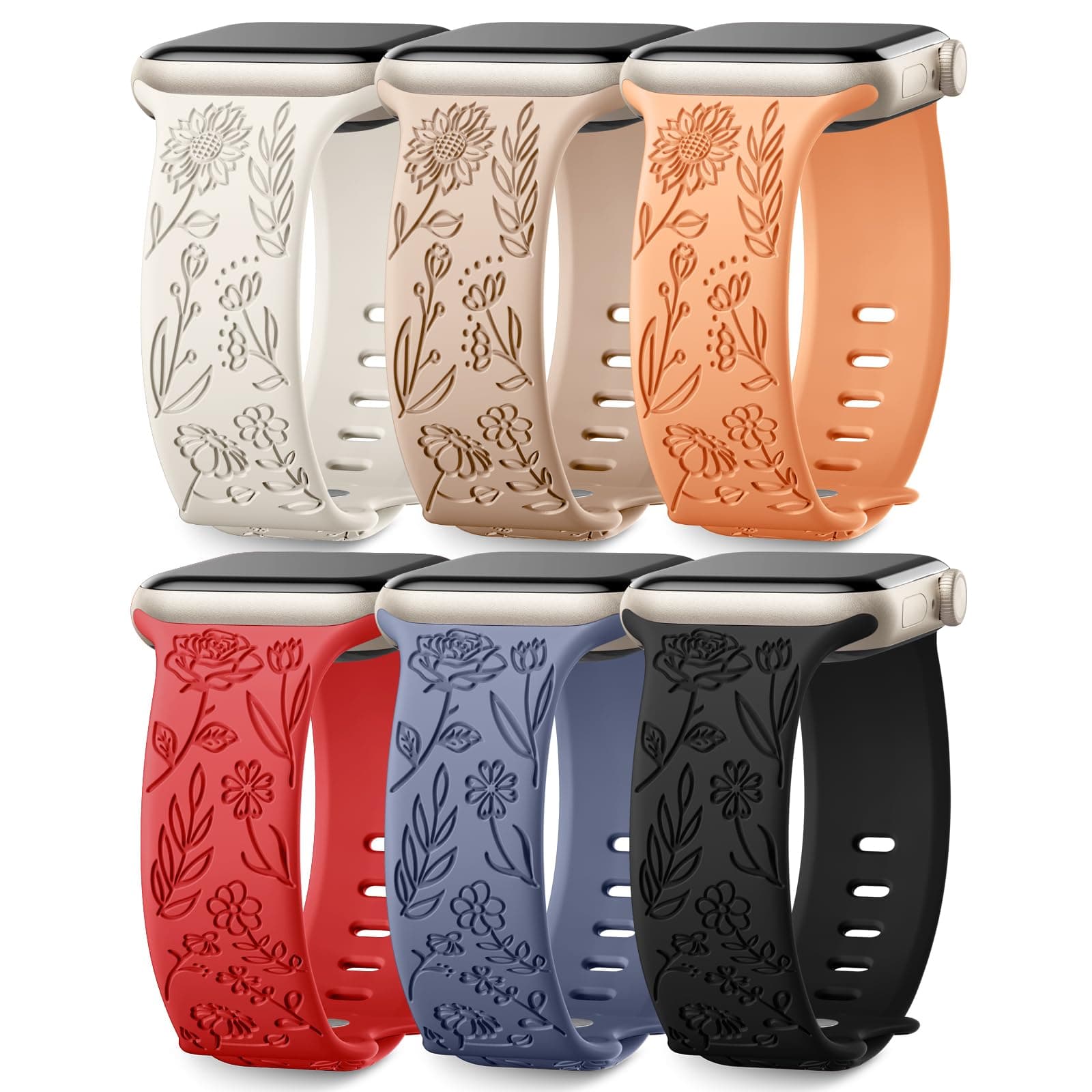 6 Pack Floral Engraved Bands Compatible with Apple Watch Band 40mm 44mm 38mm 41mm 45mm 49mm 42mm Women, Soft Silicone Cute Flower Sport Strap for iWatch Bands Series 9 8 7 6 5 4 3 2 1 SE Ultra Ultra 2
