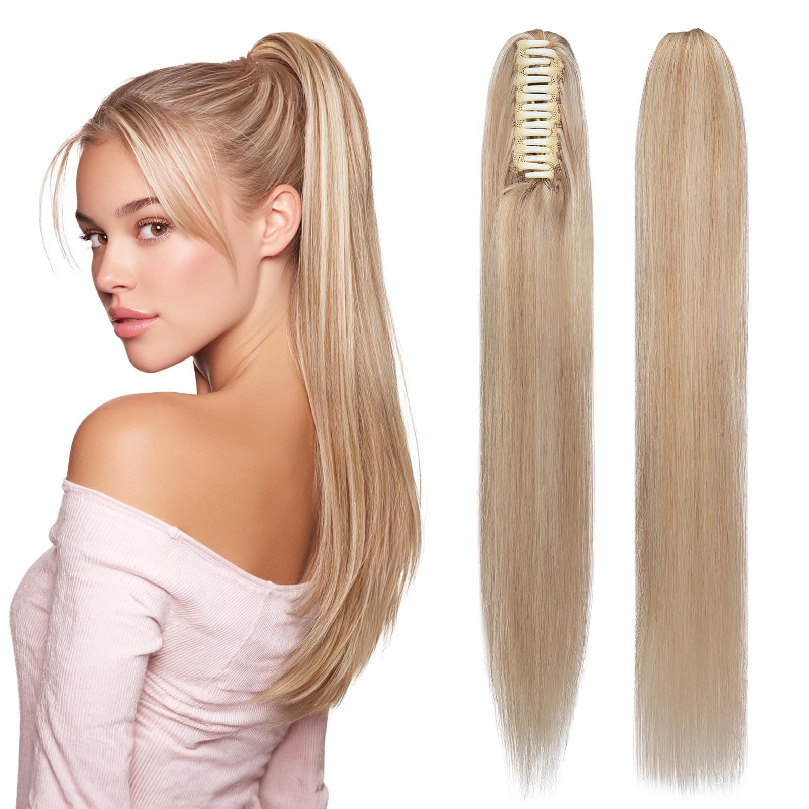 SEGOHAIR Human Hair Claw Clip Ponytail Extension 100% Real Human Hair Clip-In Extensions for Women Long Straight Pony Tails 14 Inches 105g #18P613 Light Blonde mixed Bleach Blonde