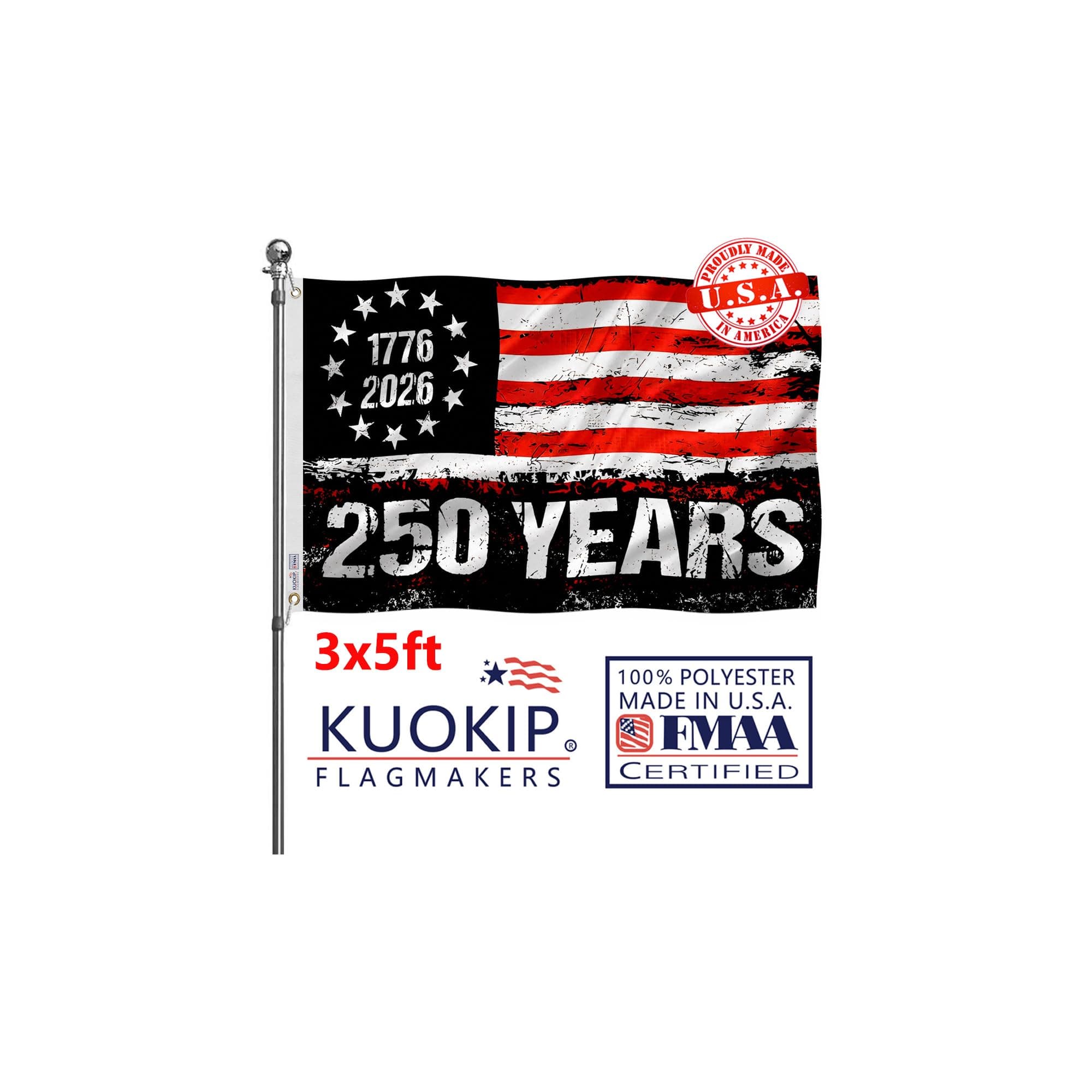 KUOKIP American 250th Anniversary Flag, American Made, Double Sided 3 Ply 100% Polyester Heavy Duty, 3x5FT Fade Resistant Indoor Outdoor US Independence Anniversary Decorative flags with Reinforced