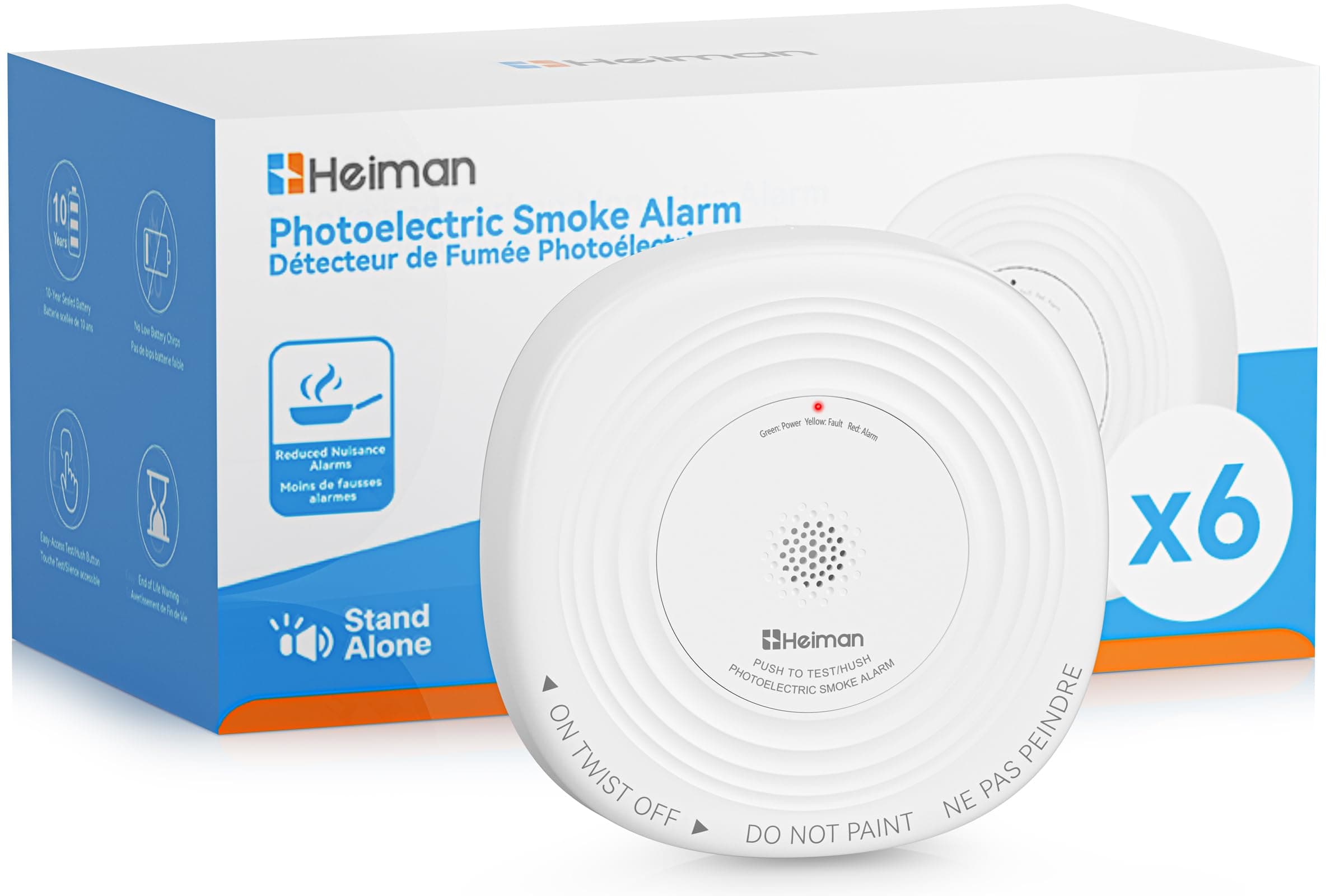 Heiman Smoke Detector 10-Year Sealed Battery Powered, UL 217 10th, 6-Pack