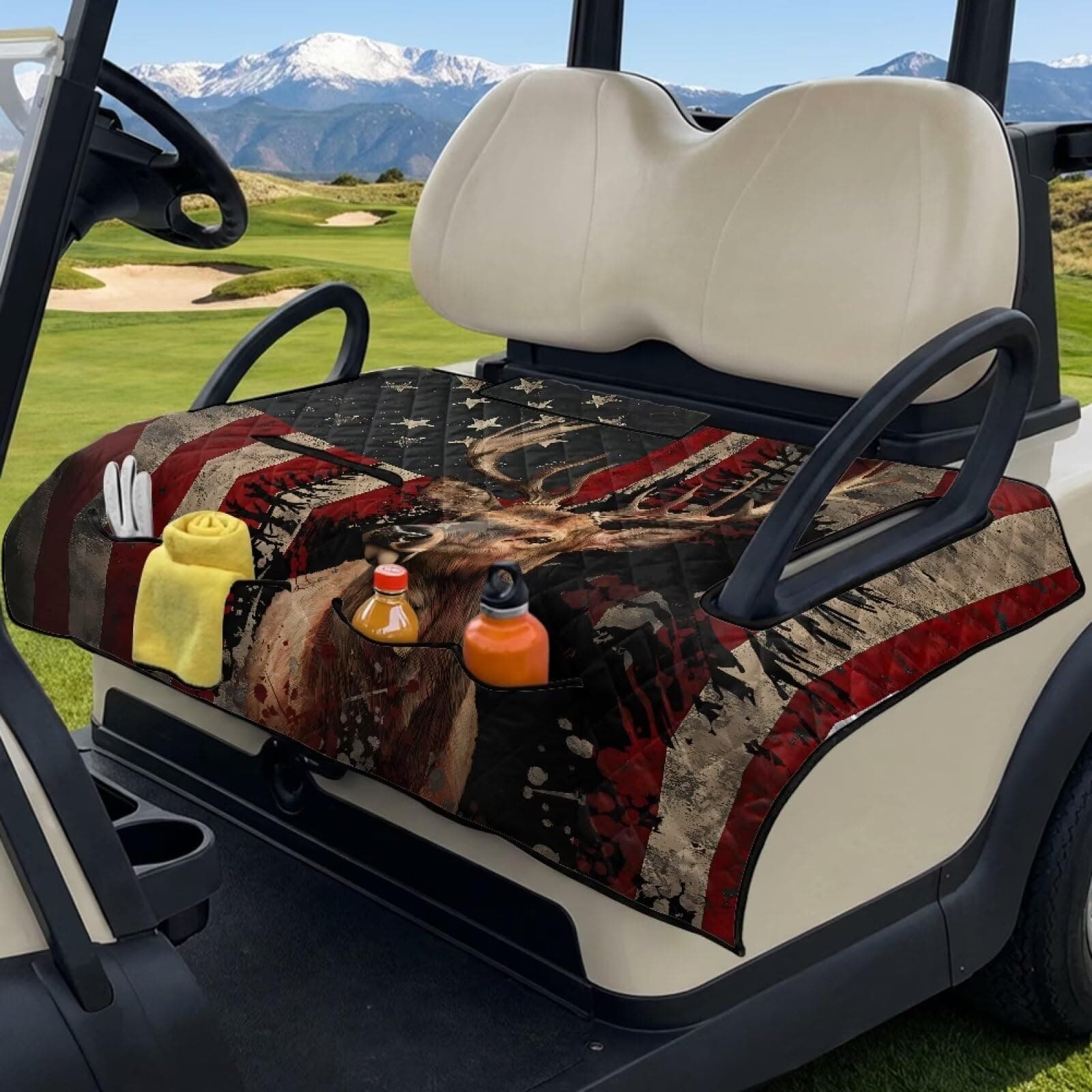 Suobstales Deer Forest American Flag Print Golf Cart Seat Blanket Covers Breathable Heavy Duty Universal Golf Cart Seat Covers for Club Car DS Precedent EZGO TXT RXV with 4 Pockets for Your Golf Items