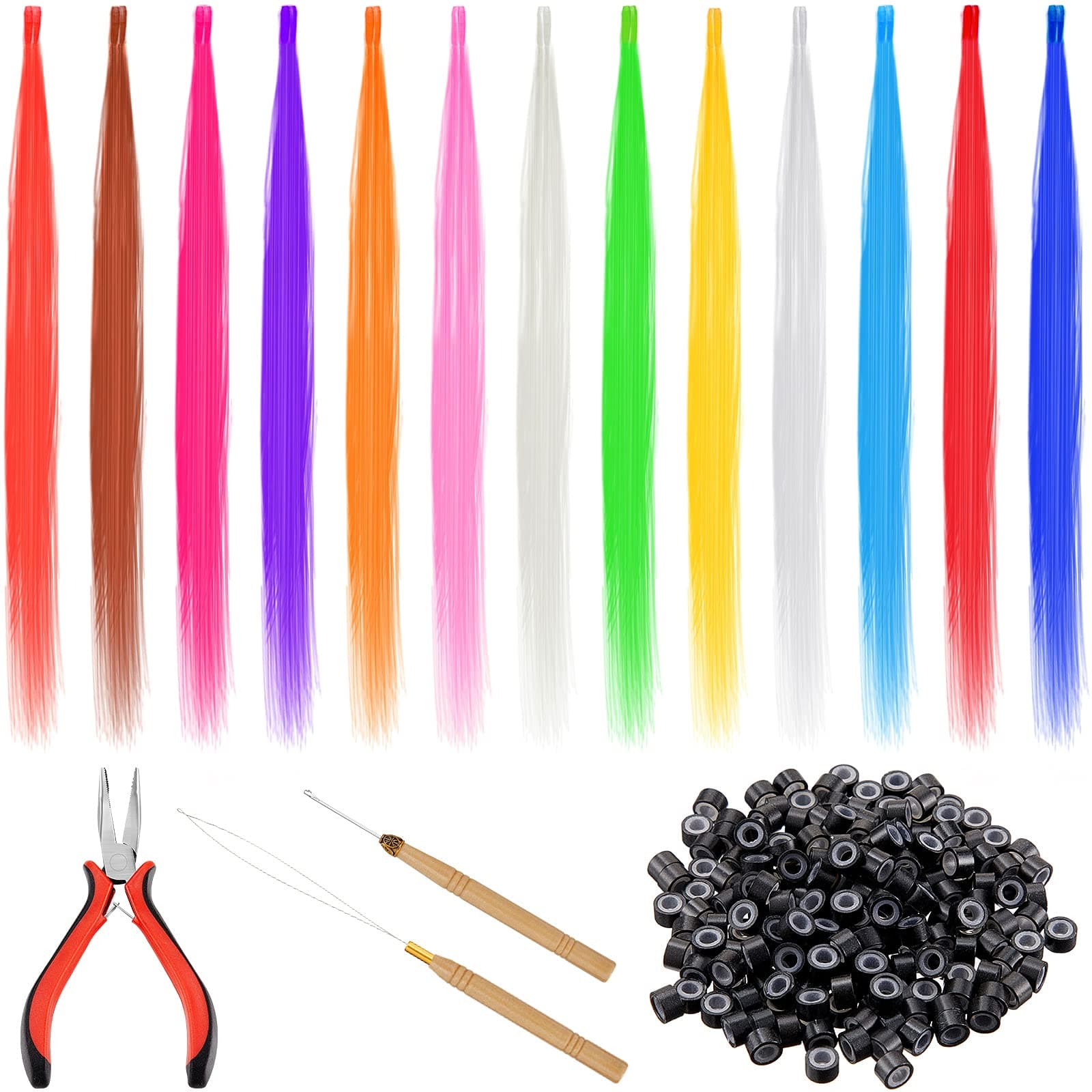 104 Pieces Colored Synthetic Feather Hair Colorful Fiber Hair Extensions Mixed Color Long Straight Hairpieces with 200 Silicone Line Micro Rings 2 Crochet Hooks Hair Extension Remover Pliers for Women