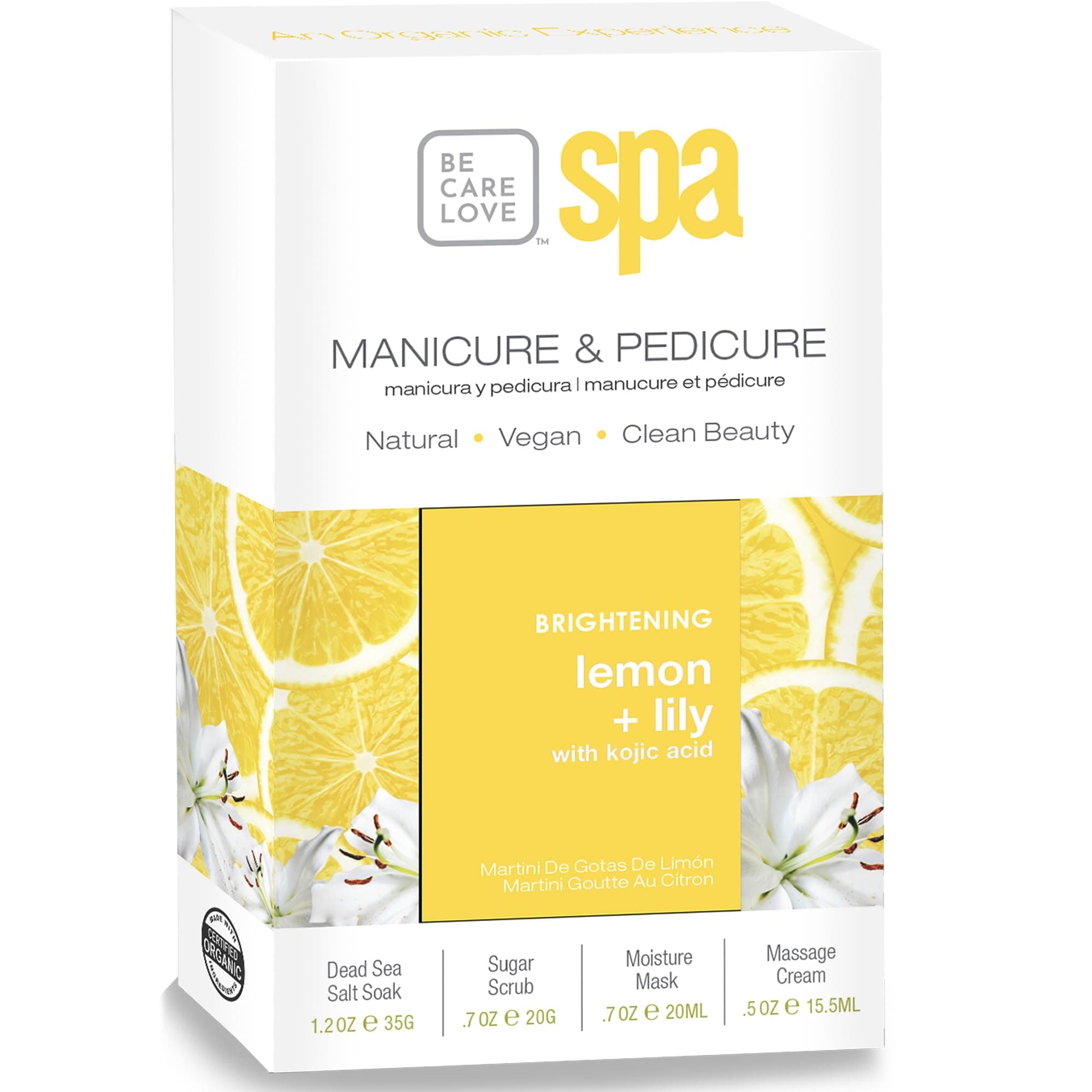Be Care Love Spa Brightening Lemon + Lily with Kojic Acid 4-in-1 Packet Box Set luxury manicure & pedicure experience, packed into four convenient, single-use packets Made in USA