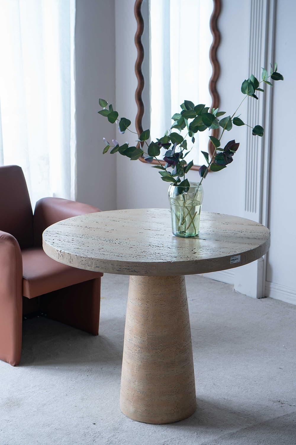 WILLIAMSPACE 36" Cream Round Dining Table with Pedestal Base, Modern Magnesium Oxide Stone Kitchen Table Coffee Table for Living Room, Dining Room - Cream