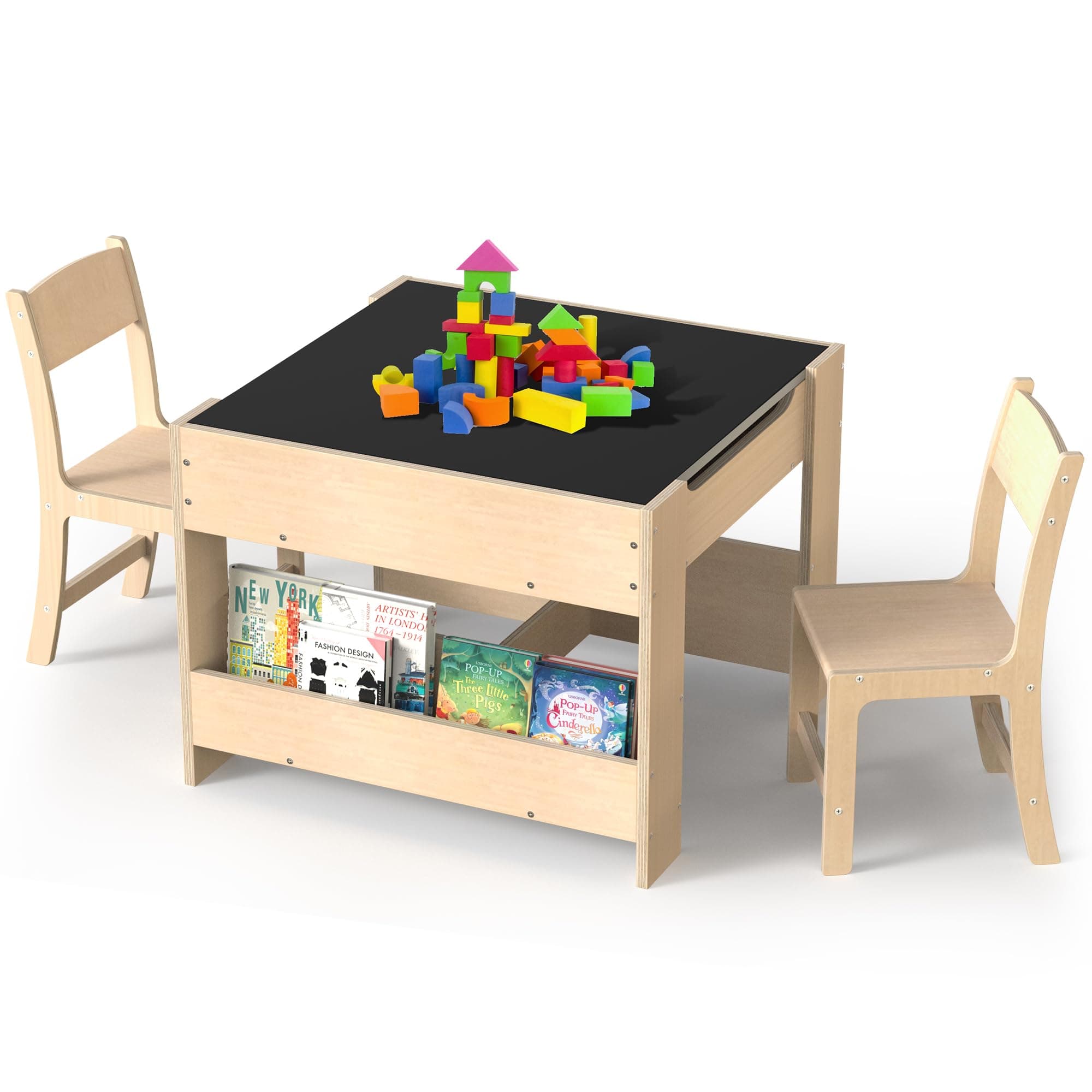 bbgroundgrm 4-in-1 Wooden Activity Desk & Chair Set – Birch Plywood Table with Reversible Whiteboard & Chalkboard, 3 Storage Areas for Learning, Art, and Organization