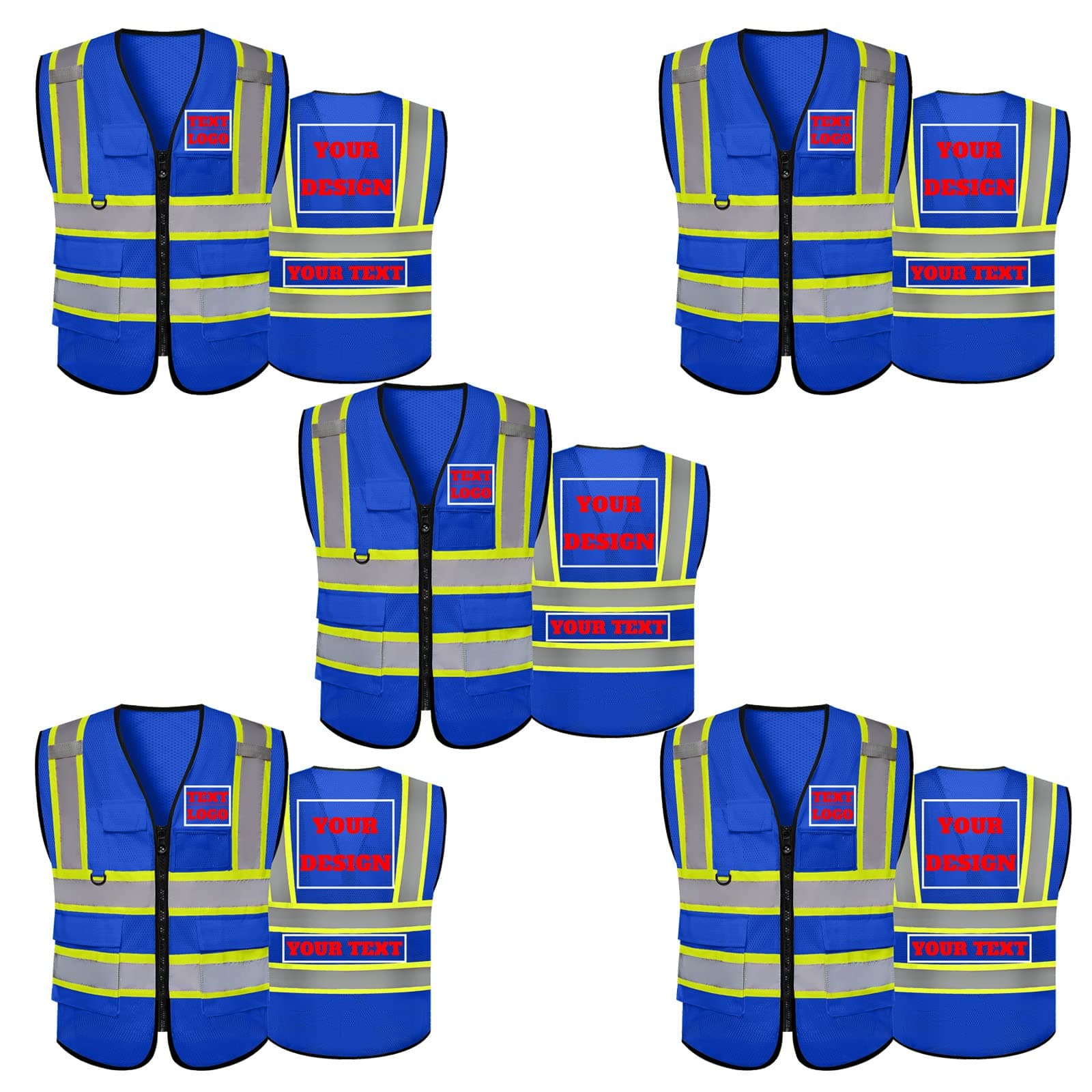 5 Pack Custom Logo Dark Blue Mesh Reflective Safety Vest Class 2 with 5 Pockets and Zipper(5Pack,Dark blue,4X-Large)