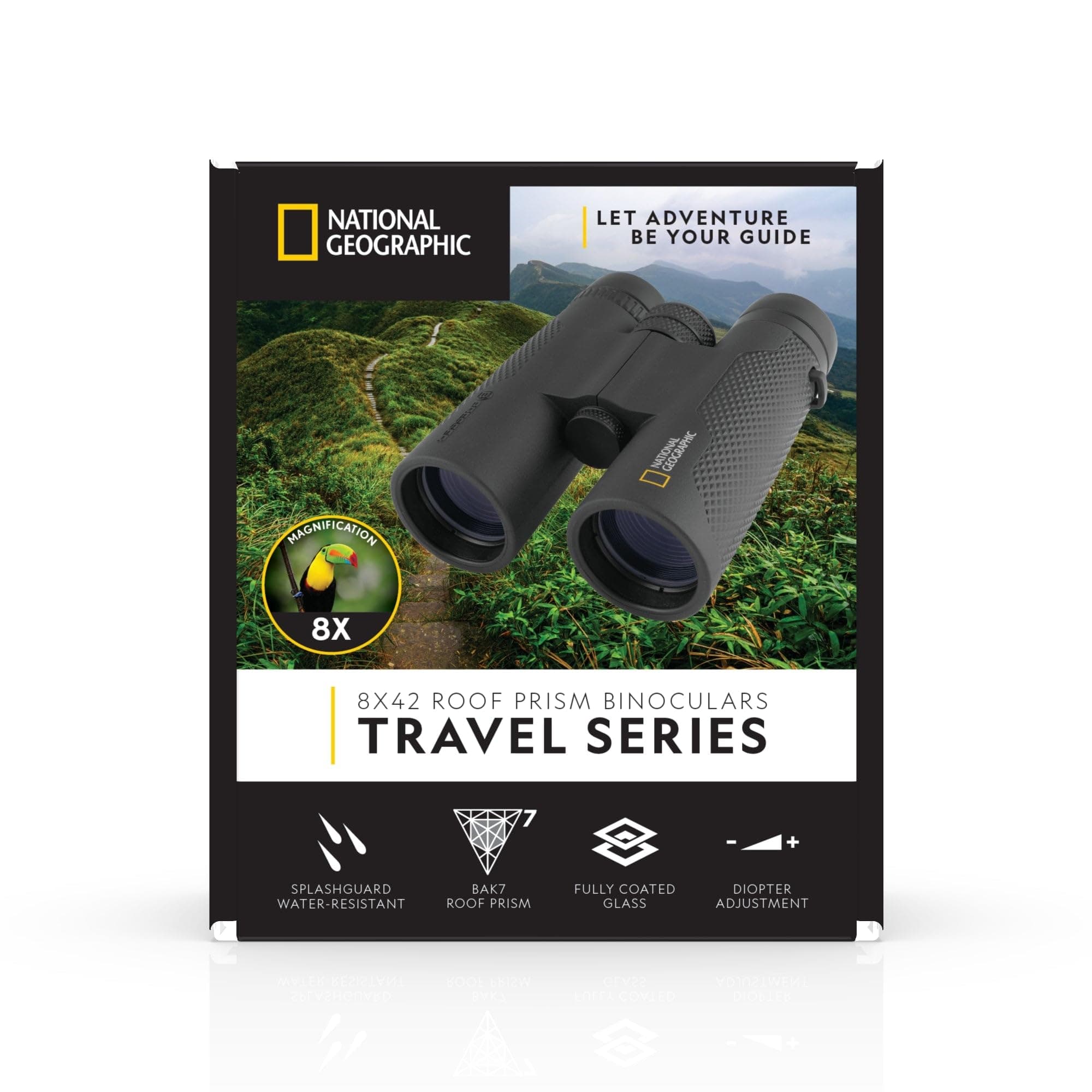 National Geographic 8×42 Binoculars – 8× Magnification, 42 mm Objective, Waterproof Roof‑Prism, Rubber Armoured, Wide Field, Includes Case & Strap