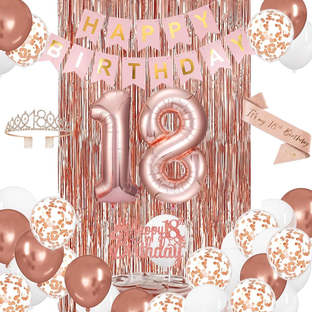 18th Birthday Decorations for Girls, Rose Gold 18th Birthday Decorations with Crown, Sash, Banner, Balloons, Cake Topper, Happy 18 Birthday Party Decorations for Girls