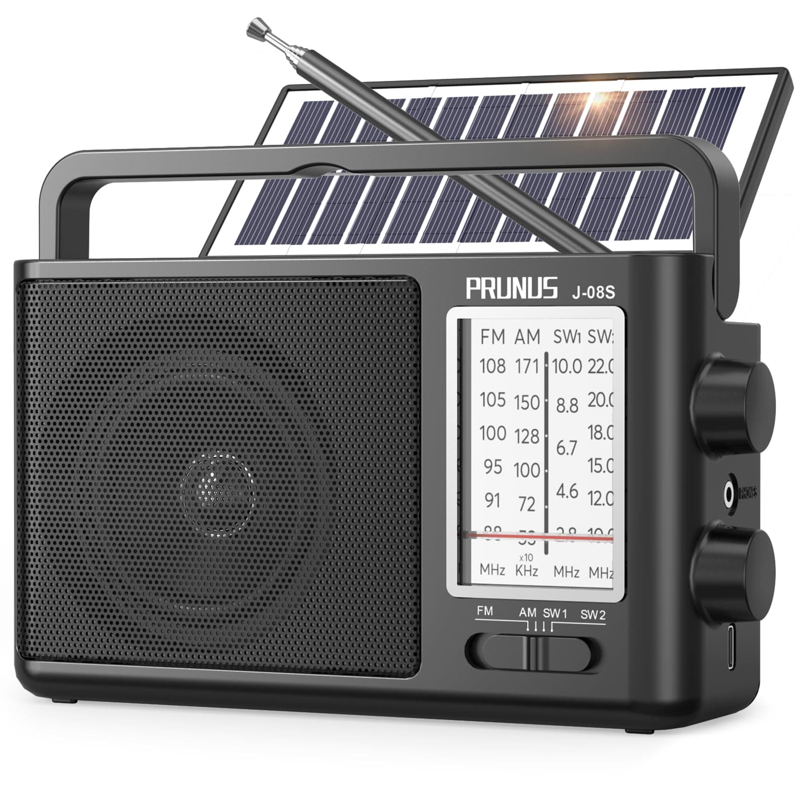 PRUNUS J08 Portable Radio AM FM with Solar, Battery and USB Charging | Loud Speaker, Transistor Radio with Excellent Reception for Indoor and Outdoor, Big Knobs Easy to Use for Senior
