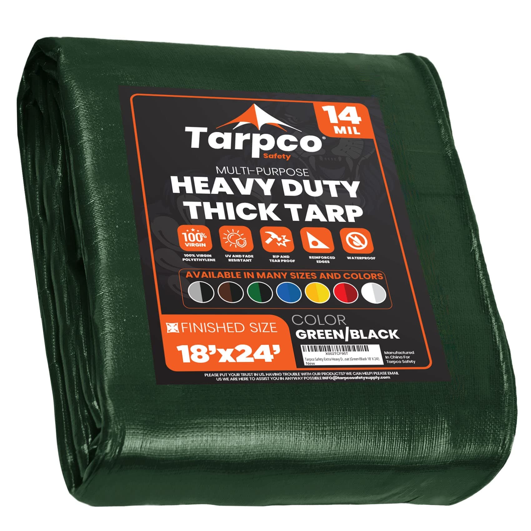 Tarpco Safety Extra Heavy Duty 14 Mil Tarp Cover, Waterproof, UV Resistant, Rip and Tear Proof, Poly Tarpaulin with Reinforced Edges for Roof, Camping, Patio, Pool, Boat (Green/Black 18′ X 24′)