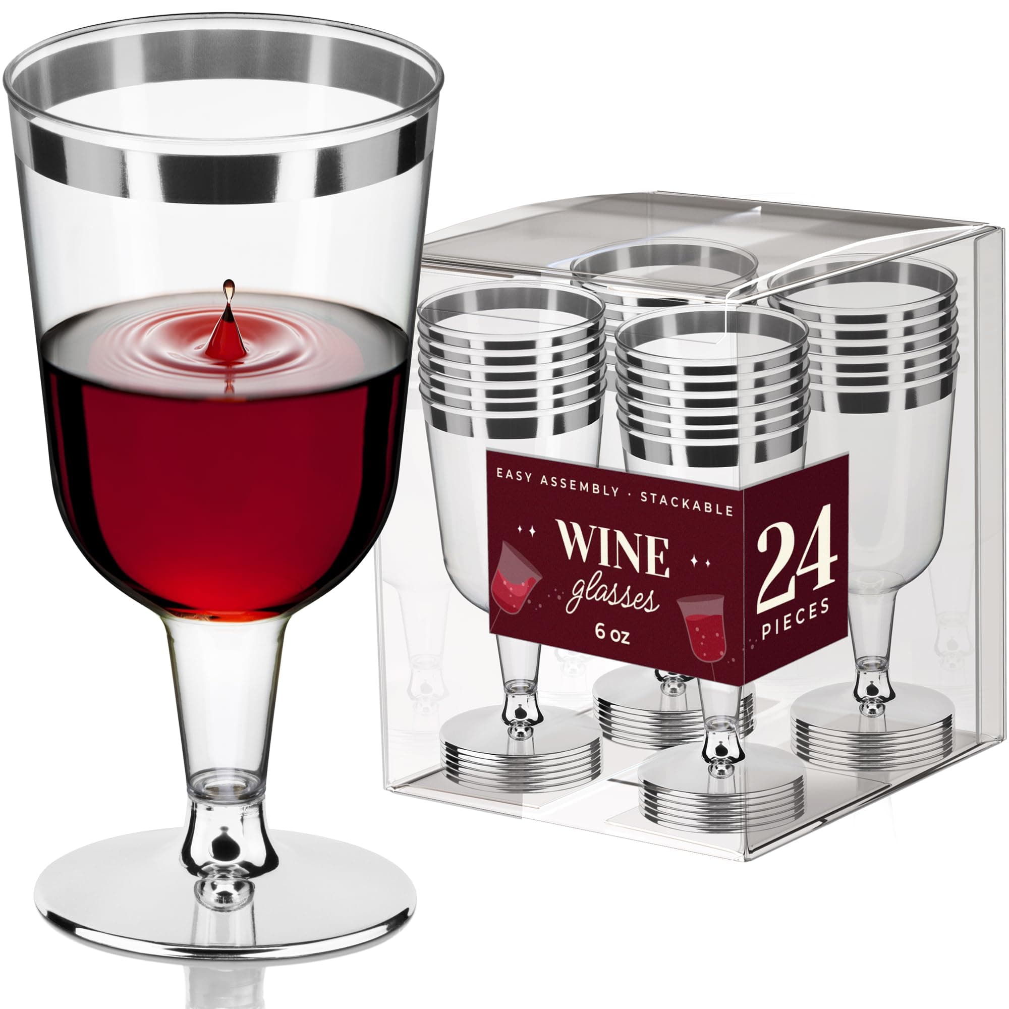 DecorRack 24 Plastic Wine Glasses, 6 Oz -BPA Free- Disposable Party Wine Cups, Perfect for Outdoor Parties, Weddings, Picnics, Stackable, Reusable, Silver (24 Pack)