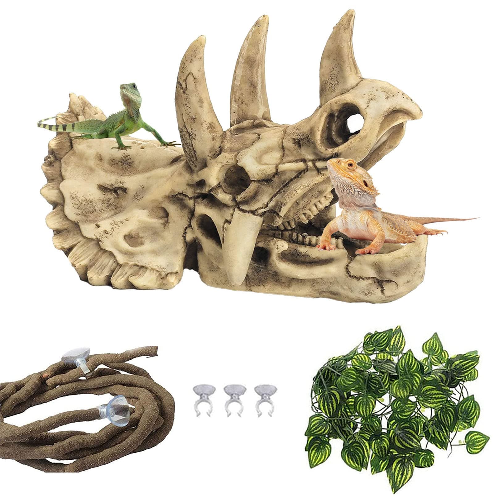 kathson Habitat Resin Dinosaur Decoration Bearded Dragon Tank Accessories Vines Flexible Leaves Decor Triceratops Skull Model for Tortoises Lizards Dragons Snakes Frogs Reptiles Hideout
