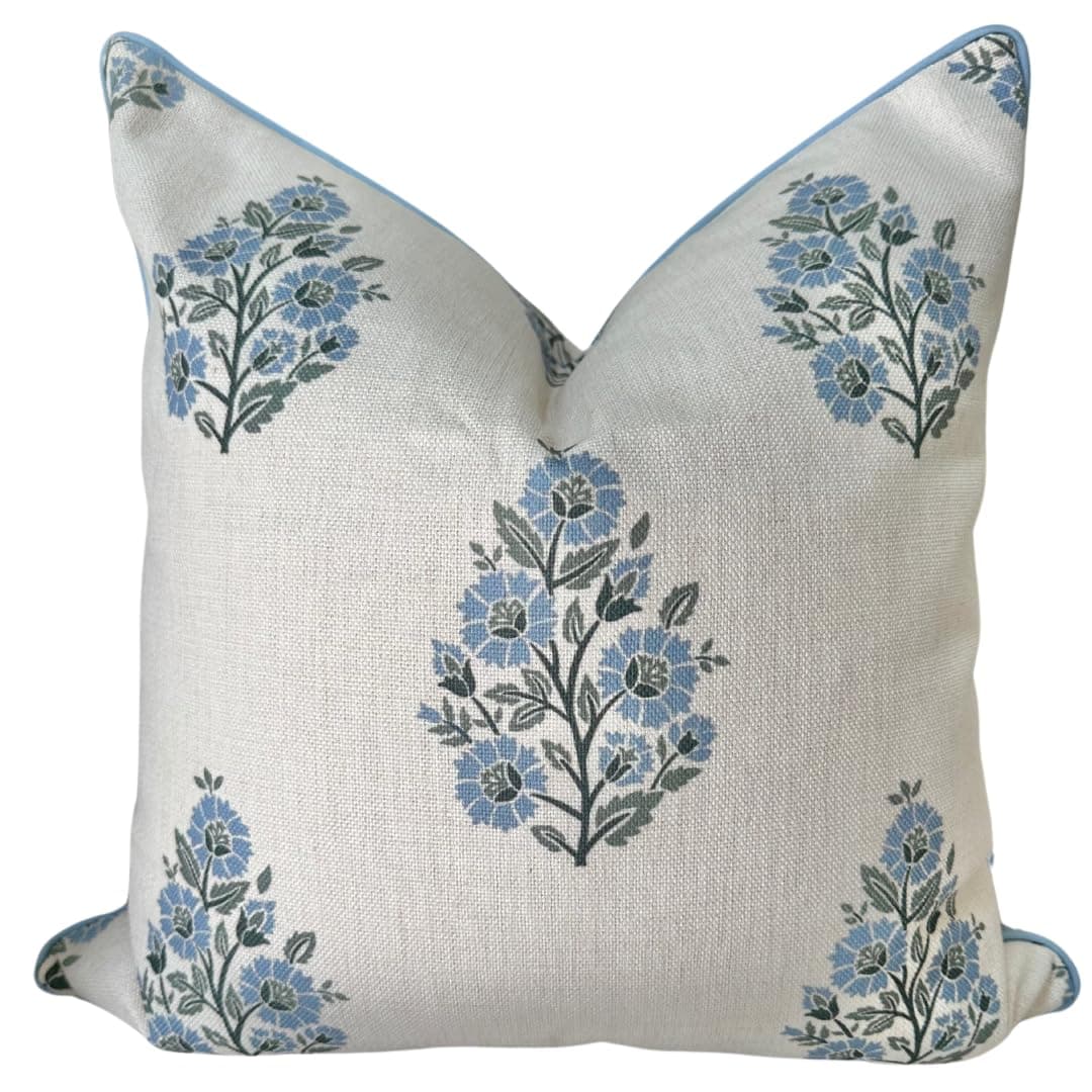 Jillien Harbor “The Camille” Floral Block Print Pillow Cover – Soft Blue and Off-White Decorative Throw Pillow Cover – Grandmillennial Home Decor, 20" x 20"