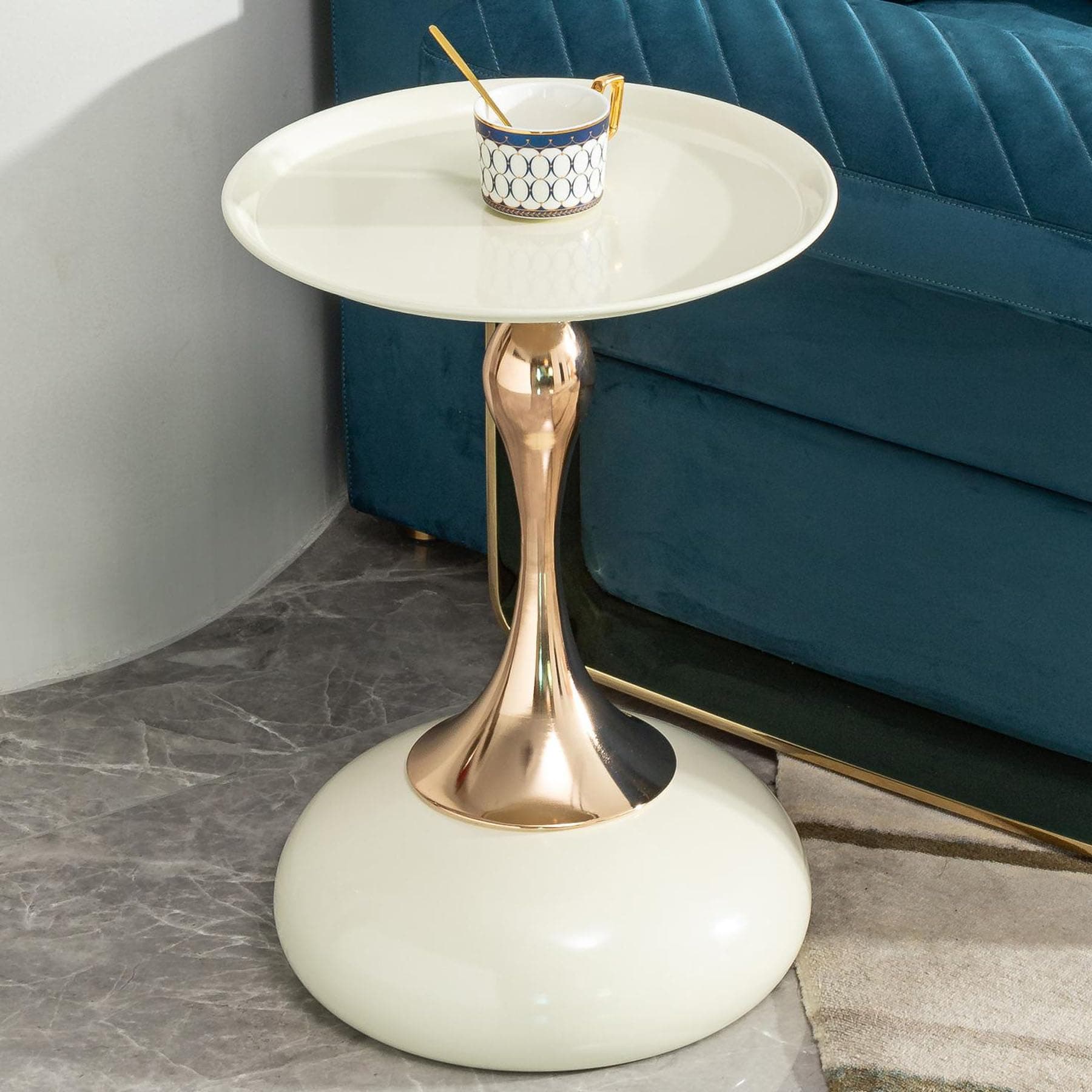 HRVEOCEI Round Coffee Table with Gold Frame, Gold Side Table for Living Room, Bedroom or Small Space, Carbon Steel, Art Deco, Easy to Clean, Nordic Style, Durable and Stable (White, Single-Layer)