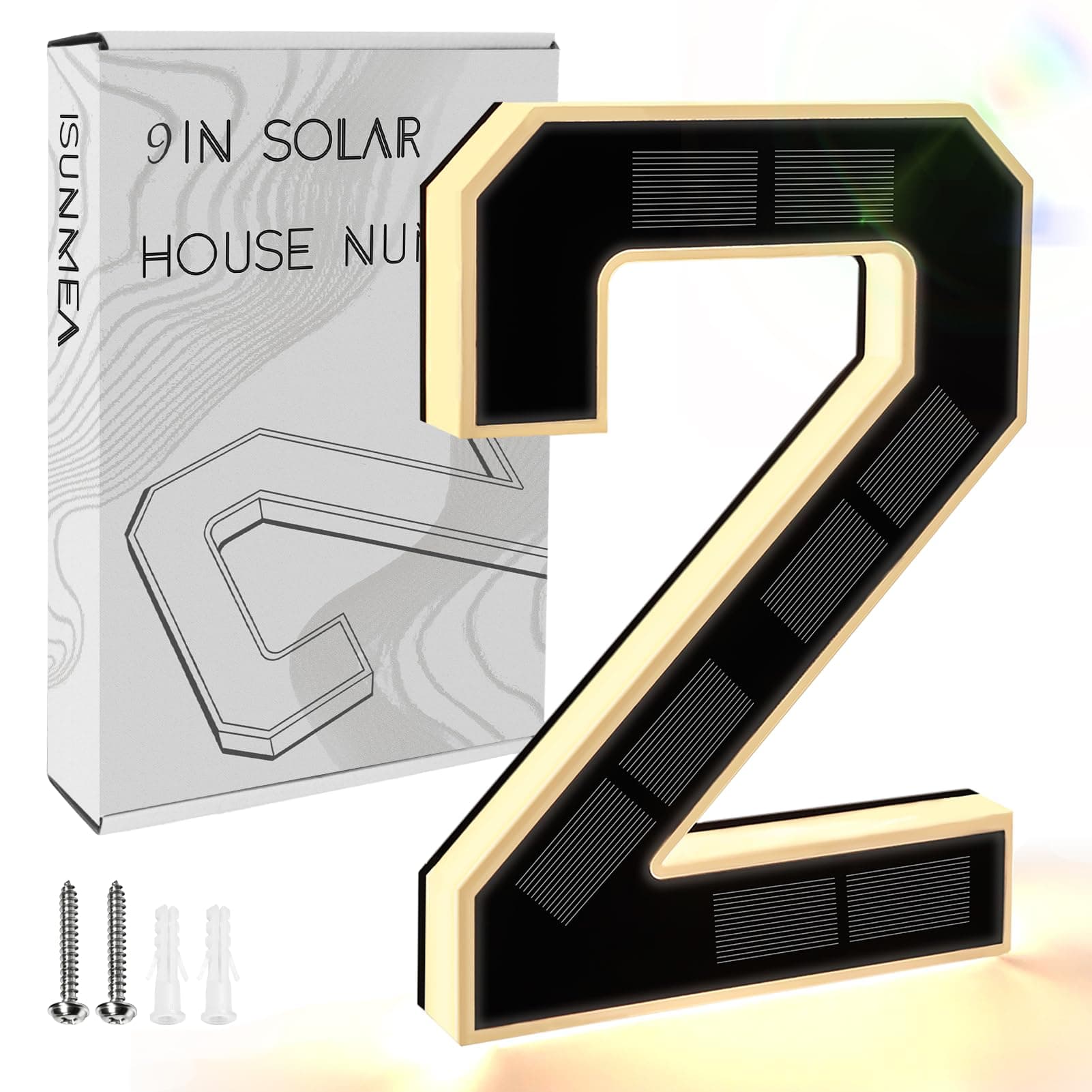 ISUNMEA 9 Inch Solar Lighted House Numbers for Outside, Light Up Waterproof LED Address Numbers Signs for Houses, Large Personalized Illuminated Exterior Modern House Numbers Light (2-Black, 9IN)