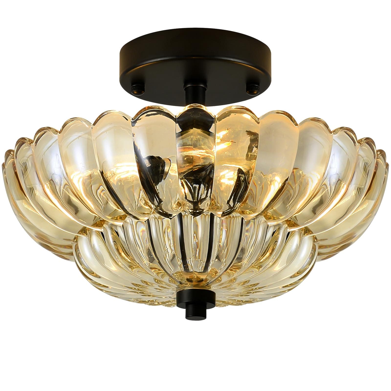 LPINMEIJU Modern Glass Flush Mount Ceiling Light Fixture, 3 Light Black Vinatge Semi Flush Mount Fixtures with Amber Glass Shade for Bathroom Bedroom Entryway Kitchen